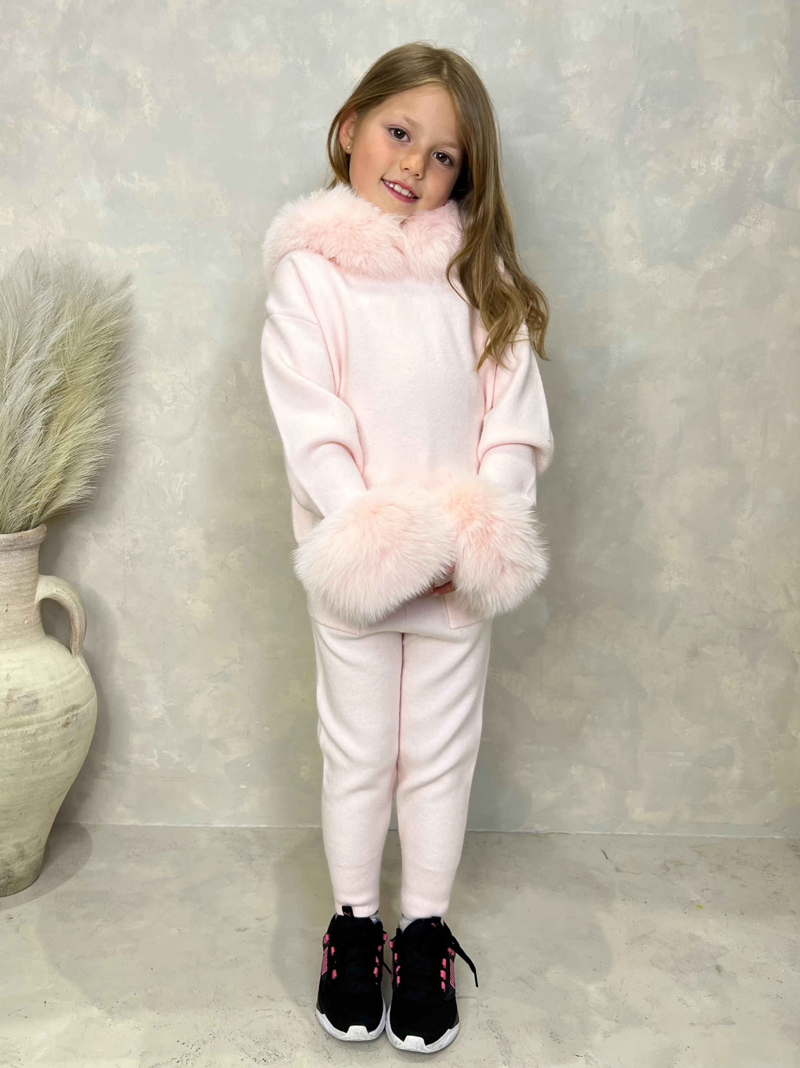 Childrens Baby Pink Luxury Fur Trim Hood & Cuff Tracksuit