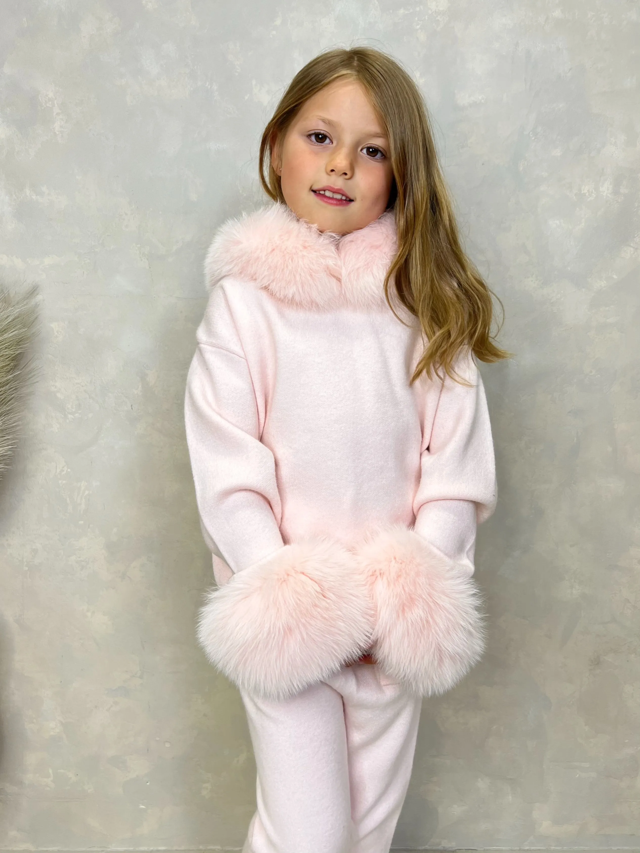 Childrens Baby Pink Luxury Fur Trim Hood & Cuff Tracksuit