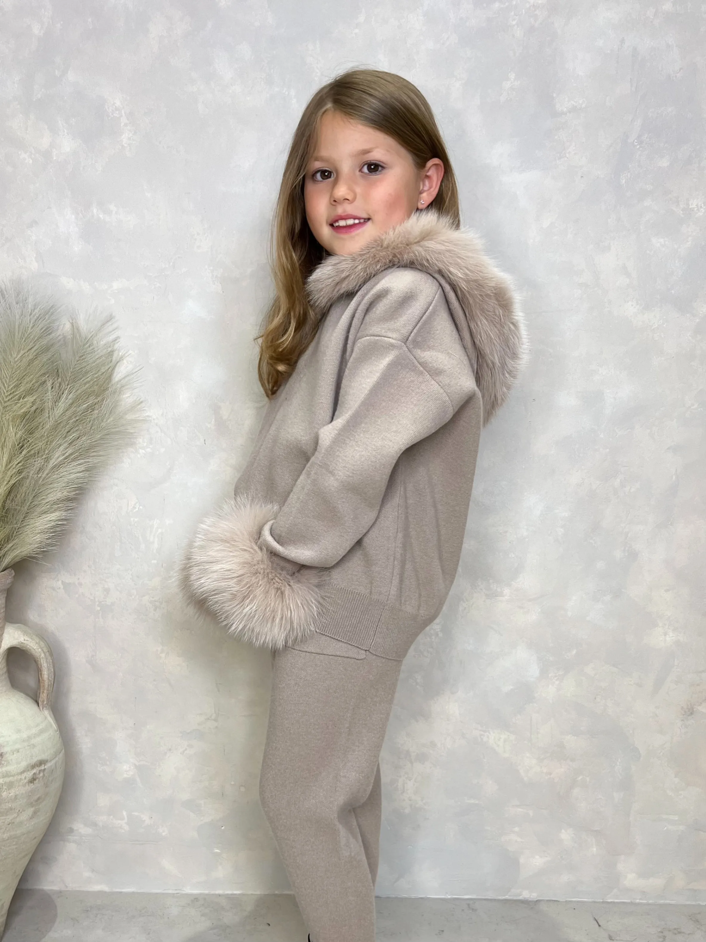 Childrens Beige Luxury Fur Trim Hood & Cuff Tracksuit