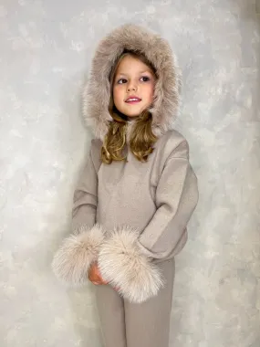 Childrens Beige Luxury Fur Trim Hood & Cuff Tracksuit