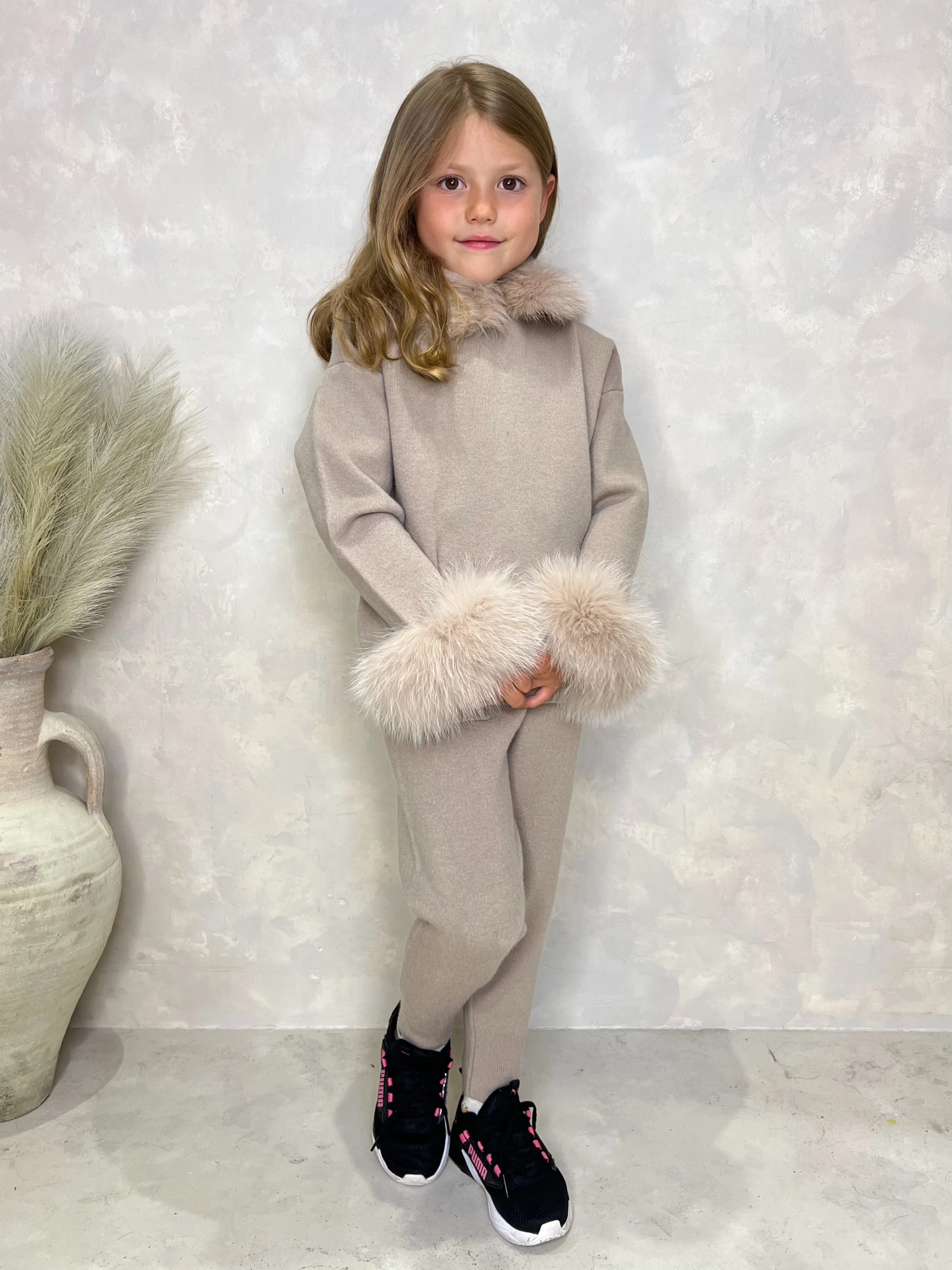 Childrens Beige Luxury Fur Trim Hood & Cuff Tracksuit