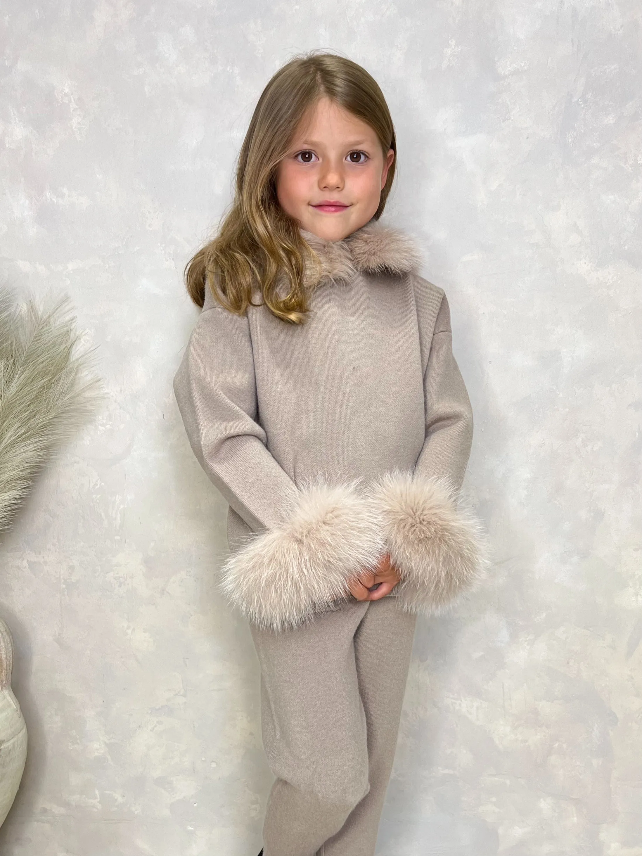 Childrens Beige Luxury Fur Trim Hood & Cuff Tracksuit