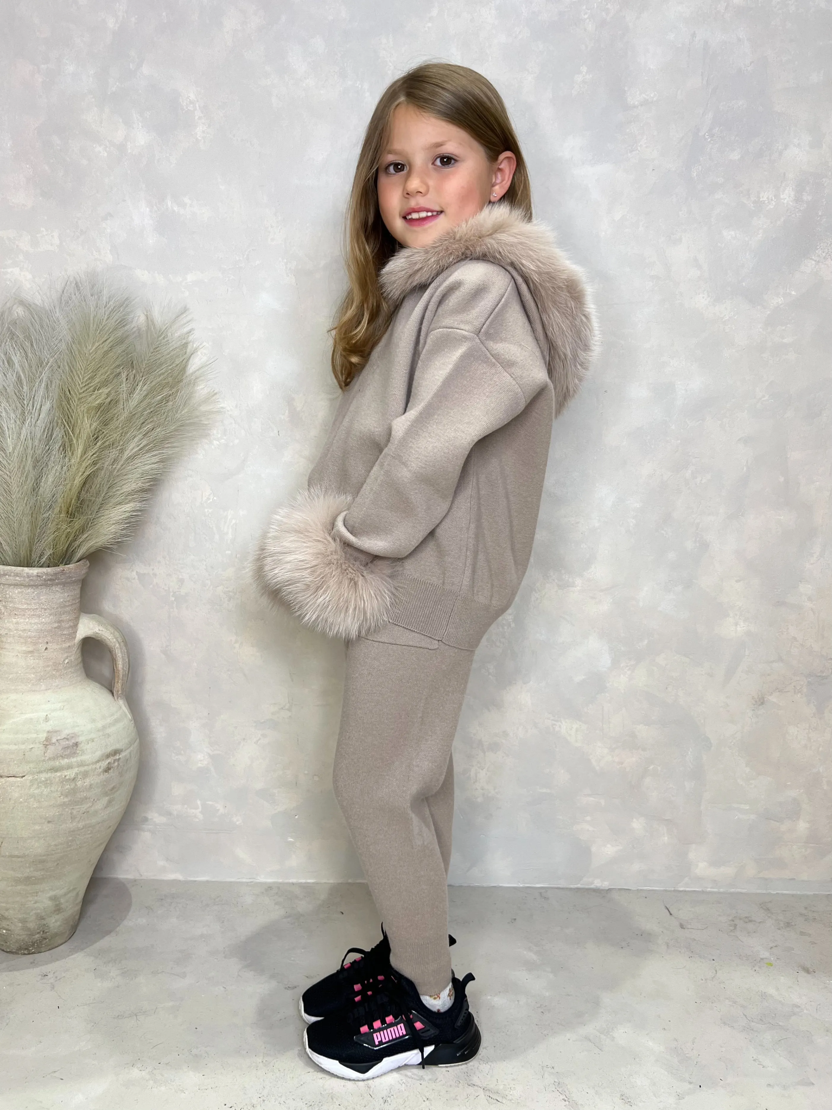 Childrens Beige Luxury Fur Trim Hood & Cuff Tracksuit