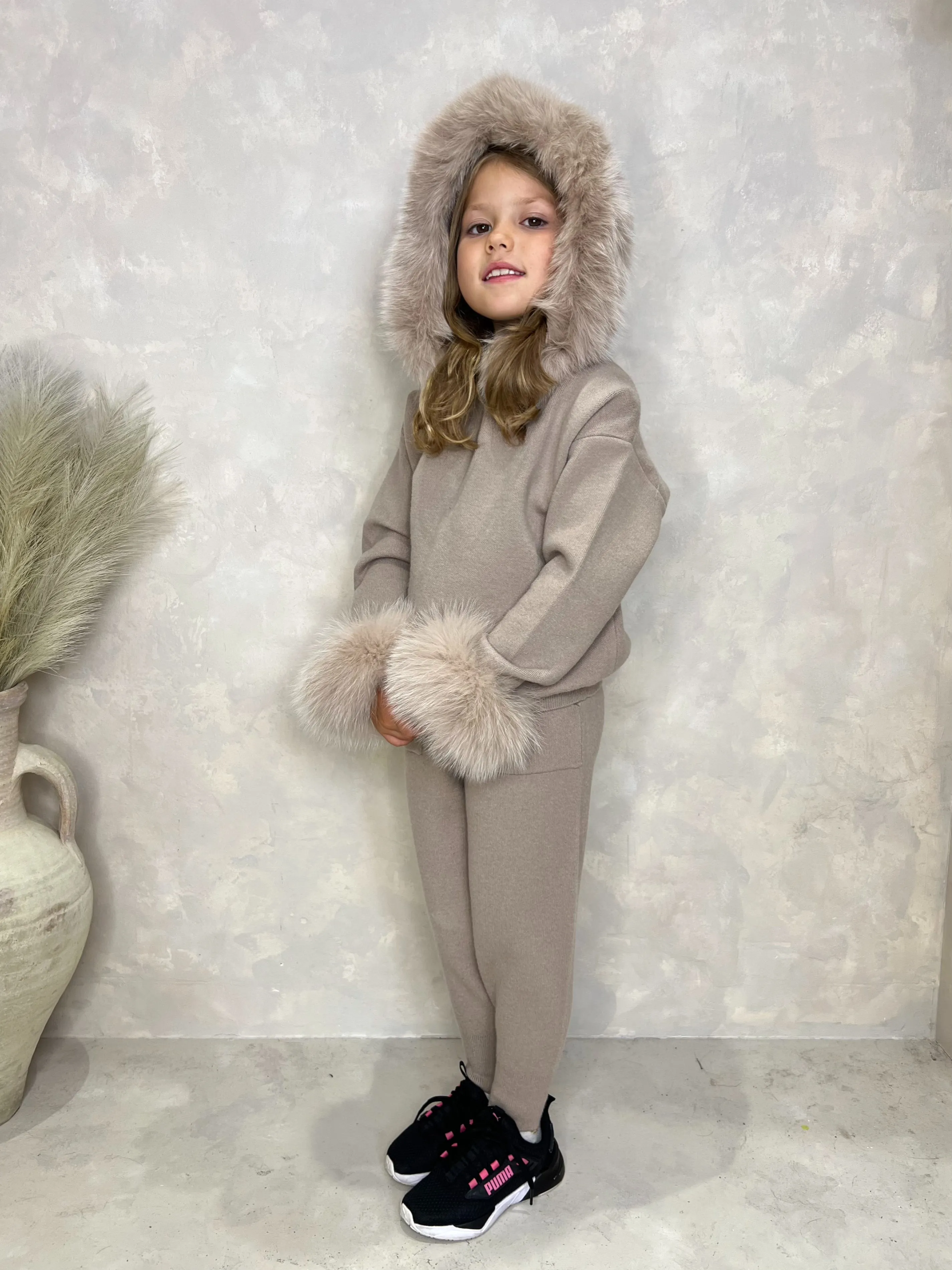 Childrens Beige Luxury Fur Trim Hood & Cuff Tracksuit