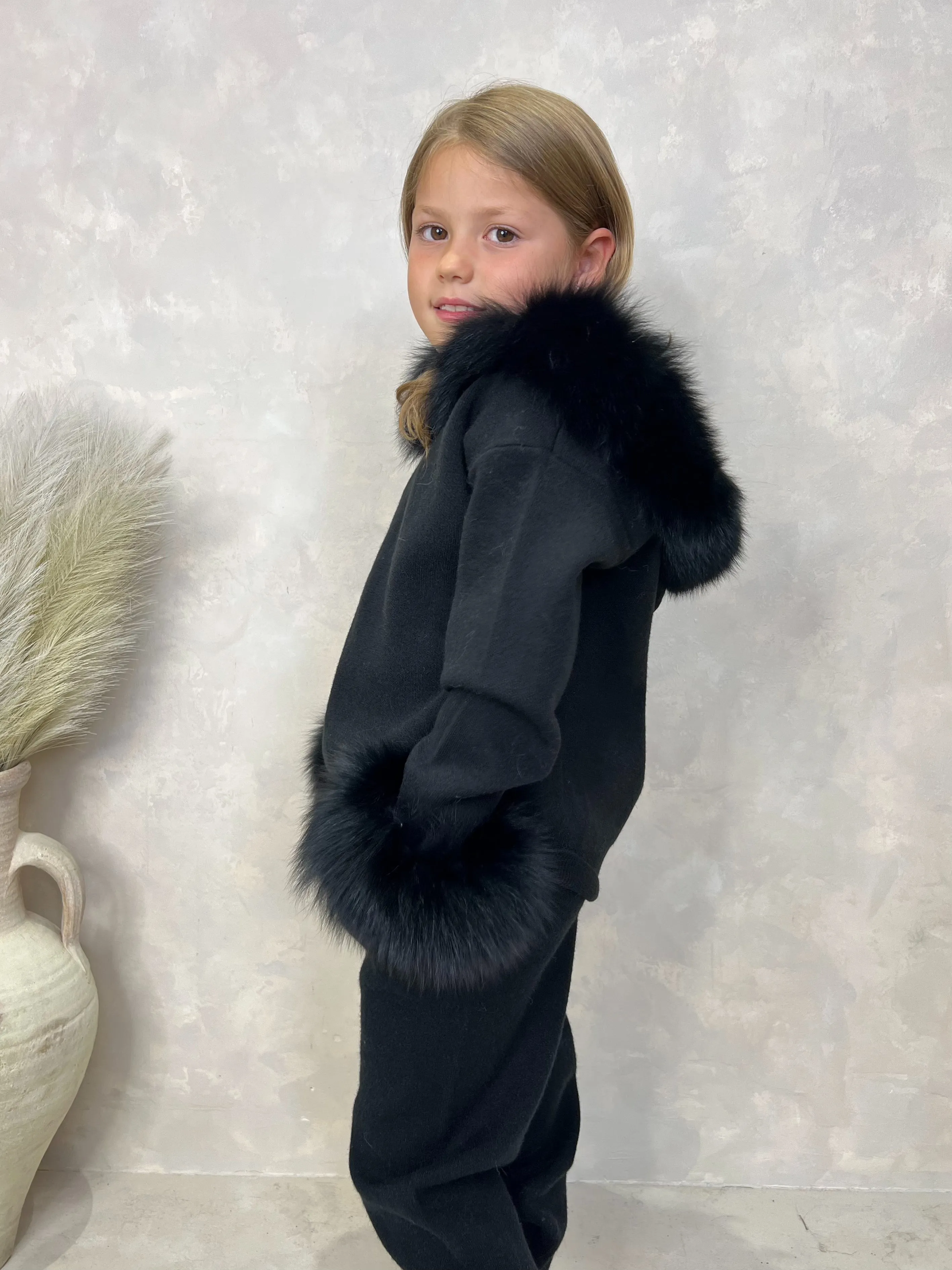 Childrens Black Luxury Fur Trim Hood & Cuff Tracksuit