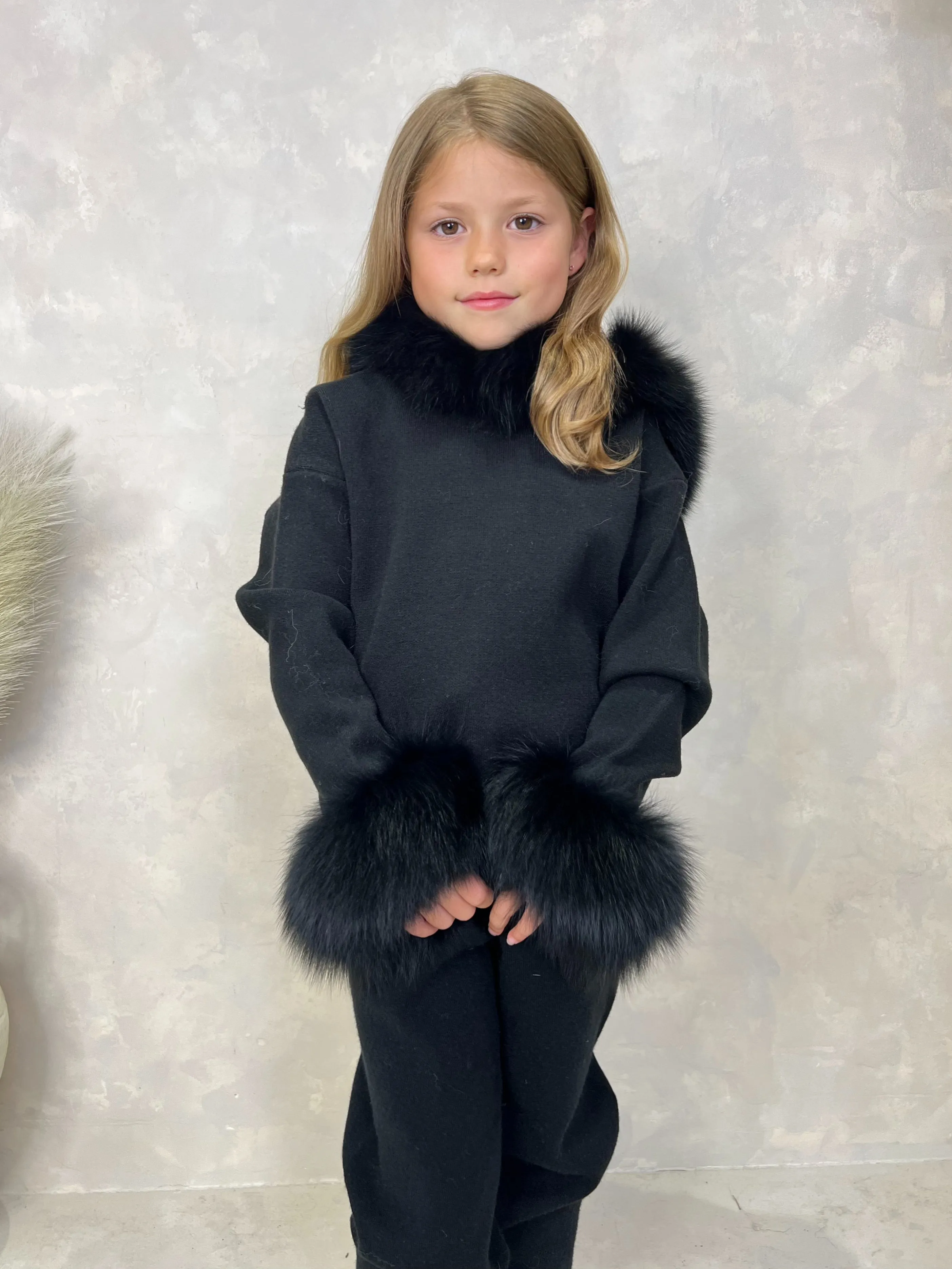 Childrens Black Luxury Fur Trim Hood & Cuff Tracksuit