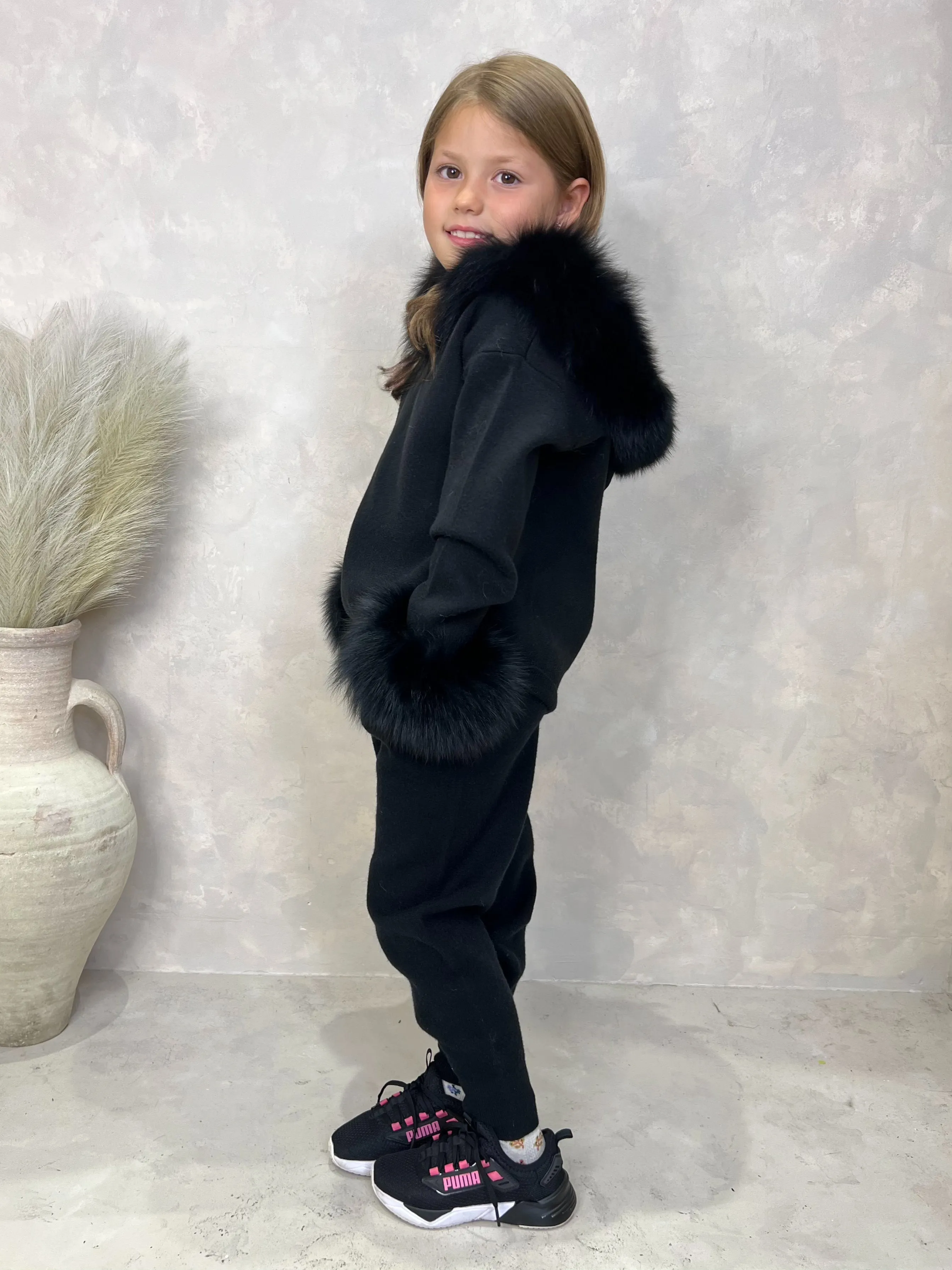 Childrens Black Luxury Fur Trim Hood & Cuff Tracksuit