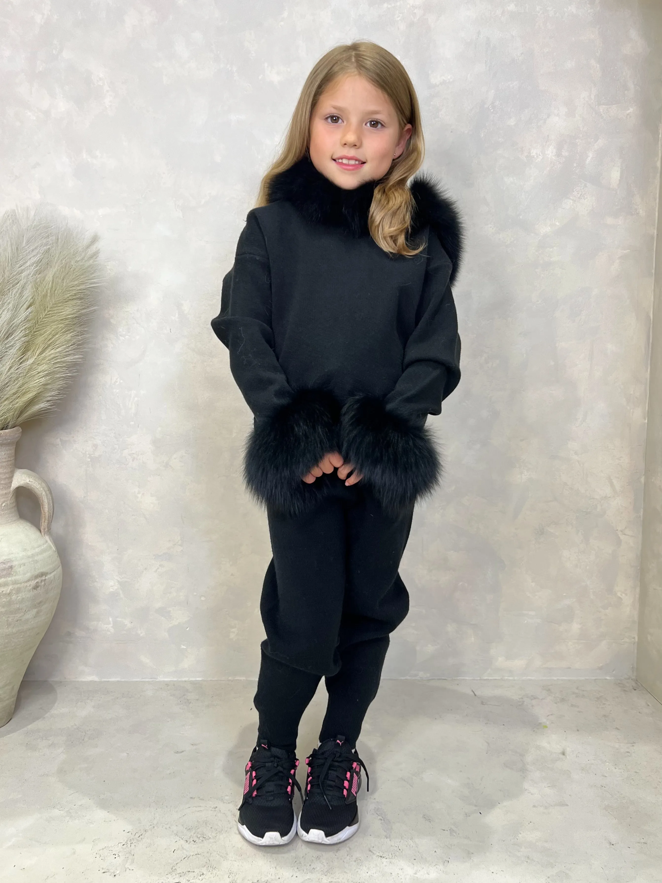 Childrens Black Luxury Fur Trim Hood & Cuff Tracksuit