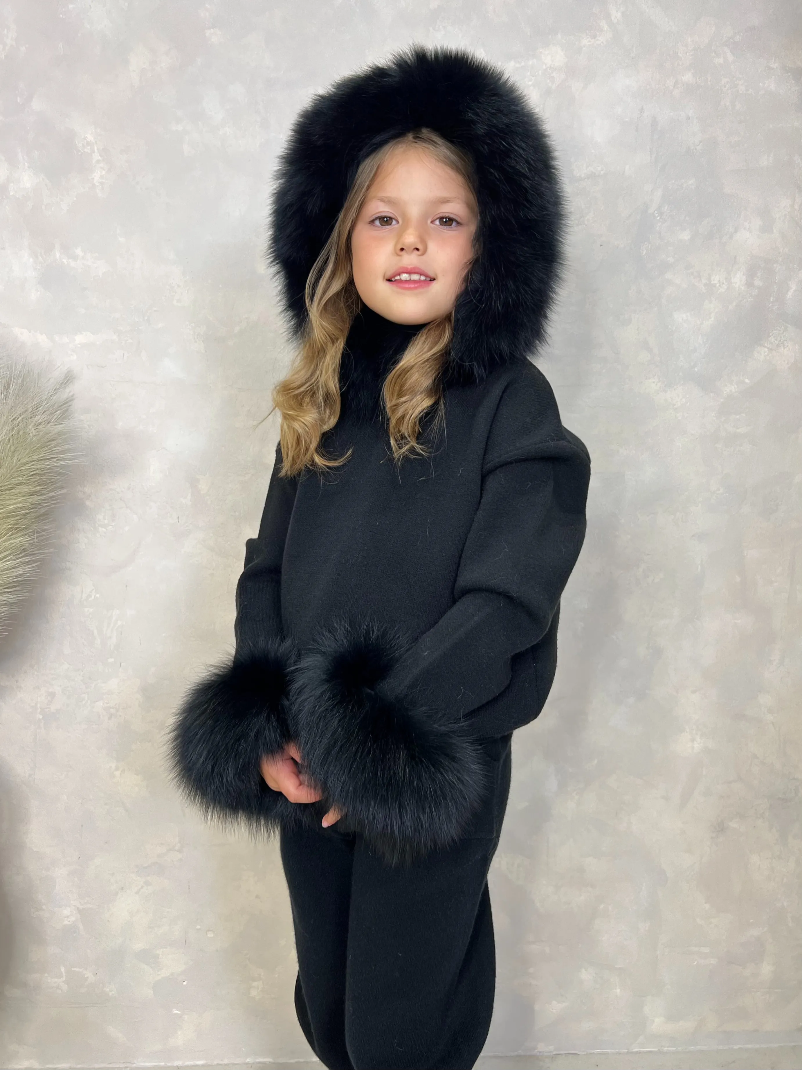 Childrens Black Luxury Fur Trim Hood & Cuff Tracksuit