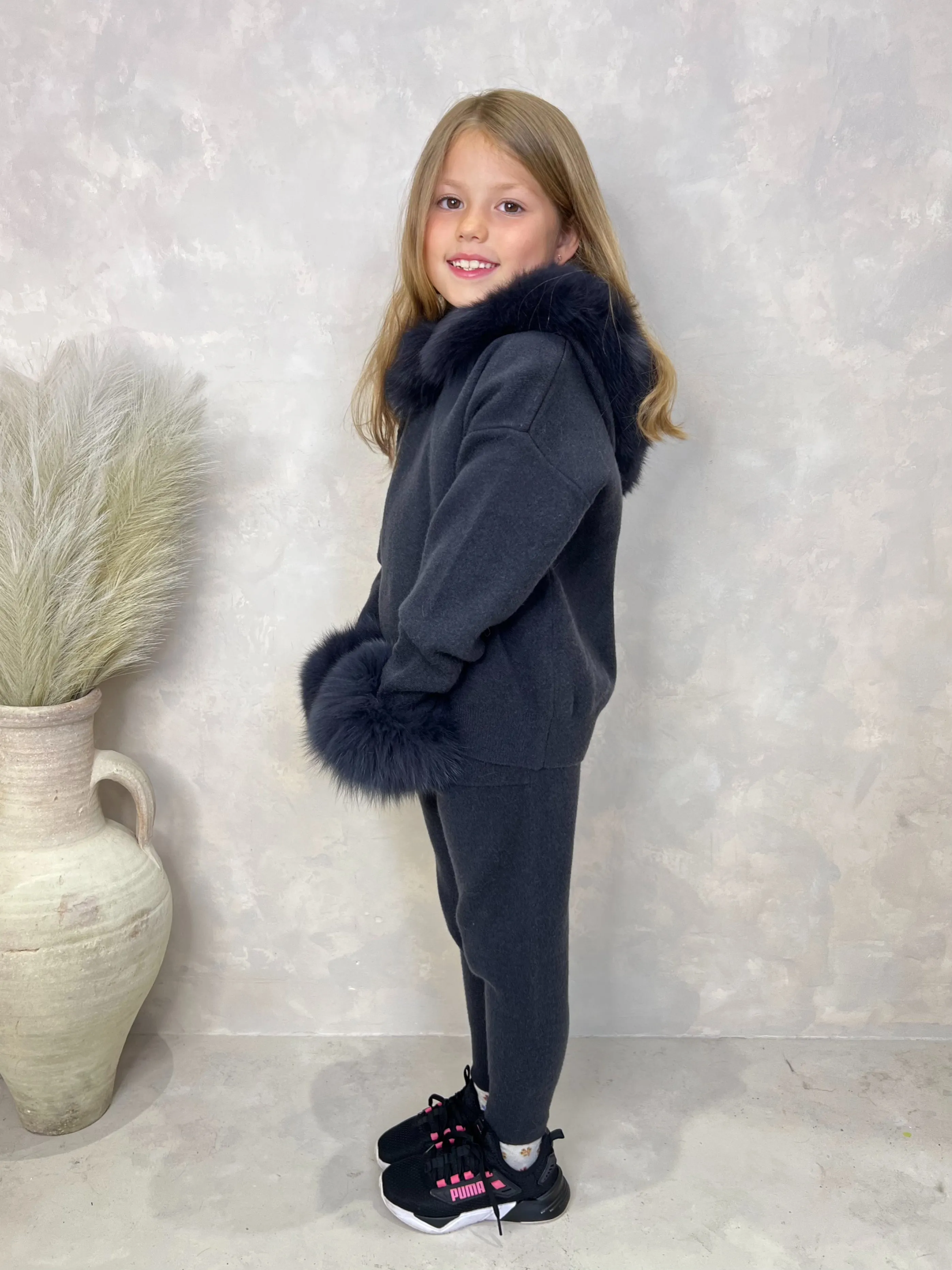 Childrens Charcoal Luxury Fur Trim Hood & Cuff Tracksuit