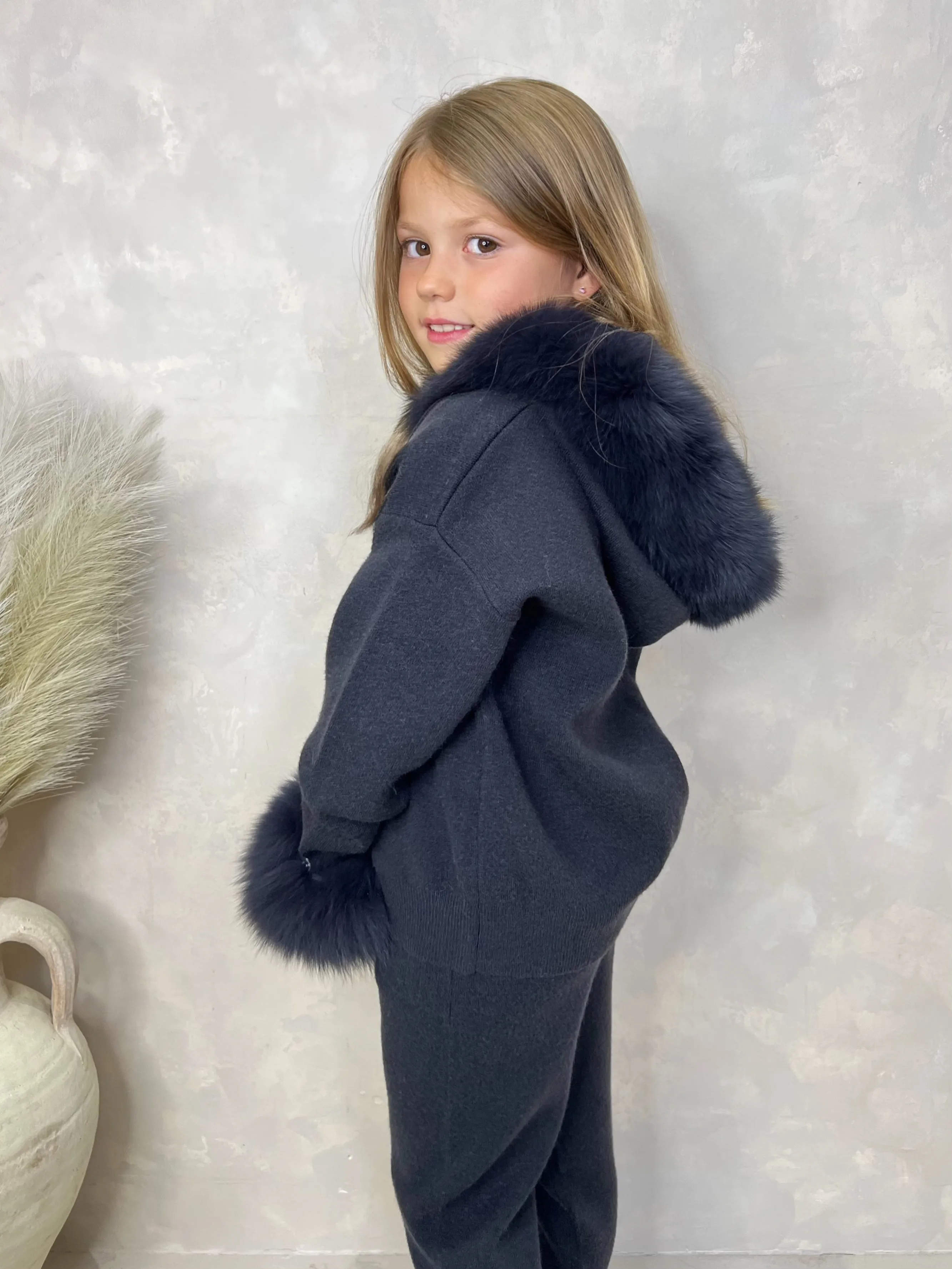 Childrens Charcoal Luxury Fur Trim Hood & Cuff Tracksuit