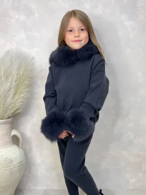 Childrens Charcoal Luxury Fur Trim Hood & Cuff Tracksuit