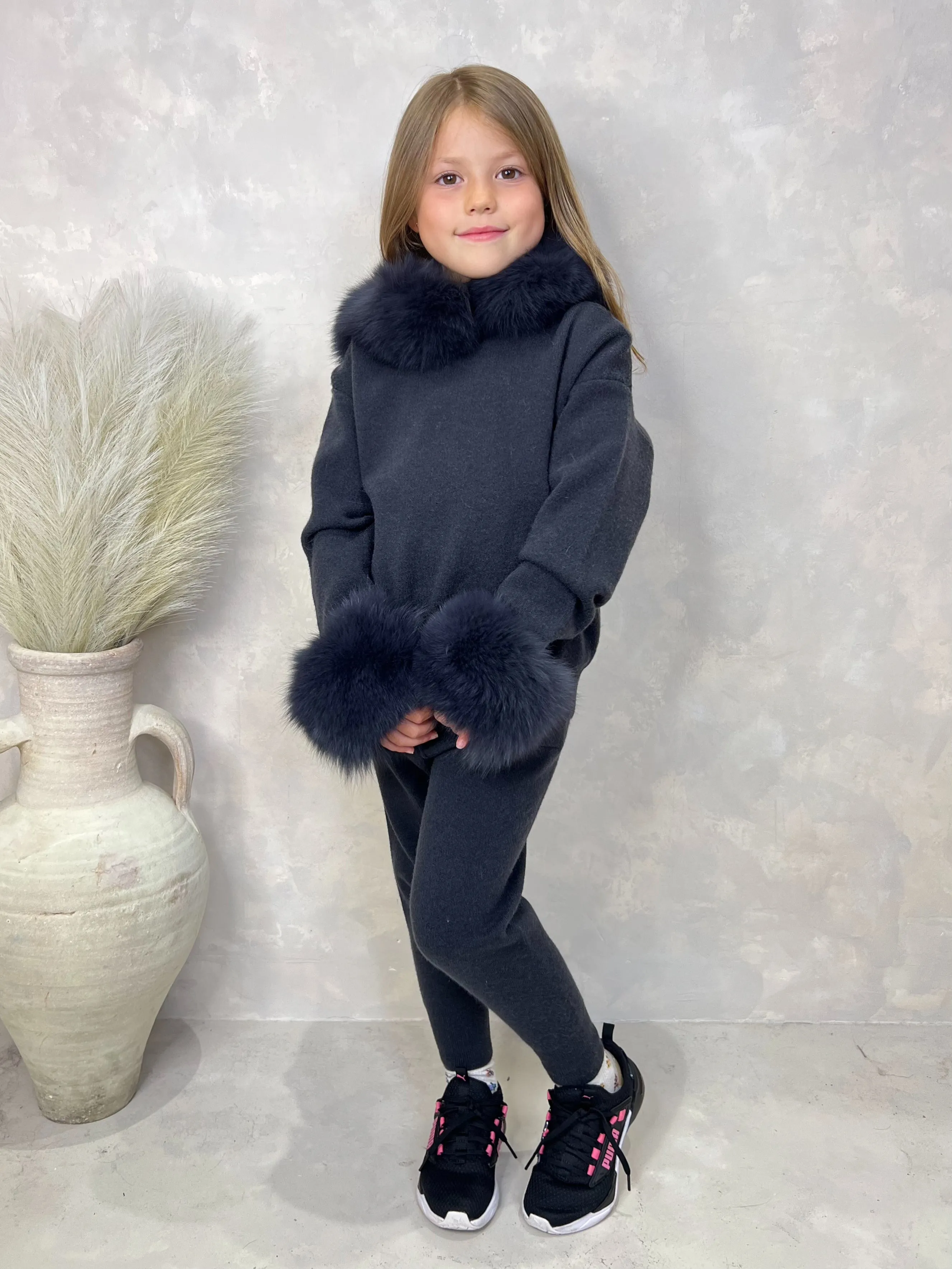 Childrens Charcoal Luxury Fur Trim Hood & Cuff Tracksuit