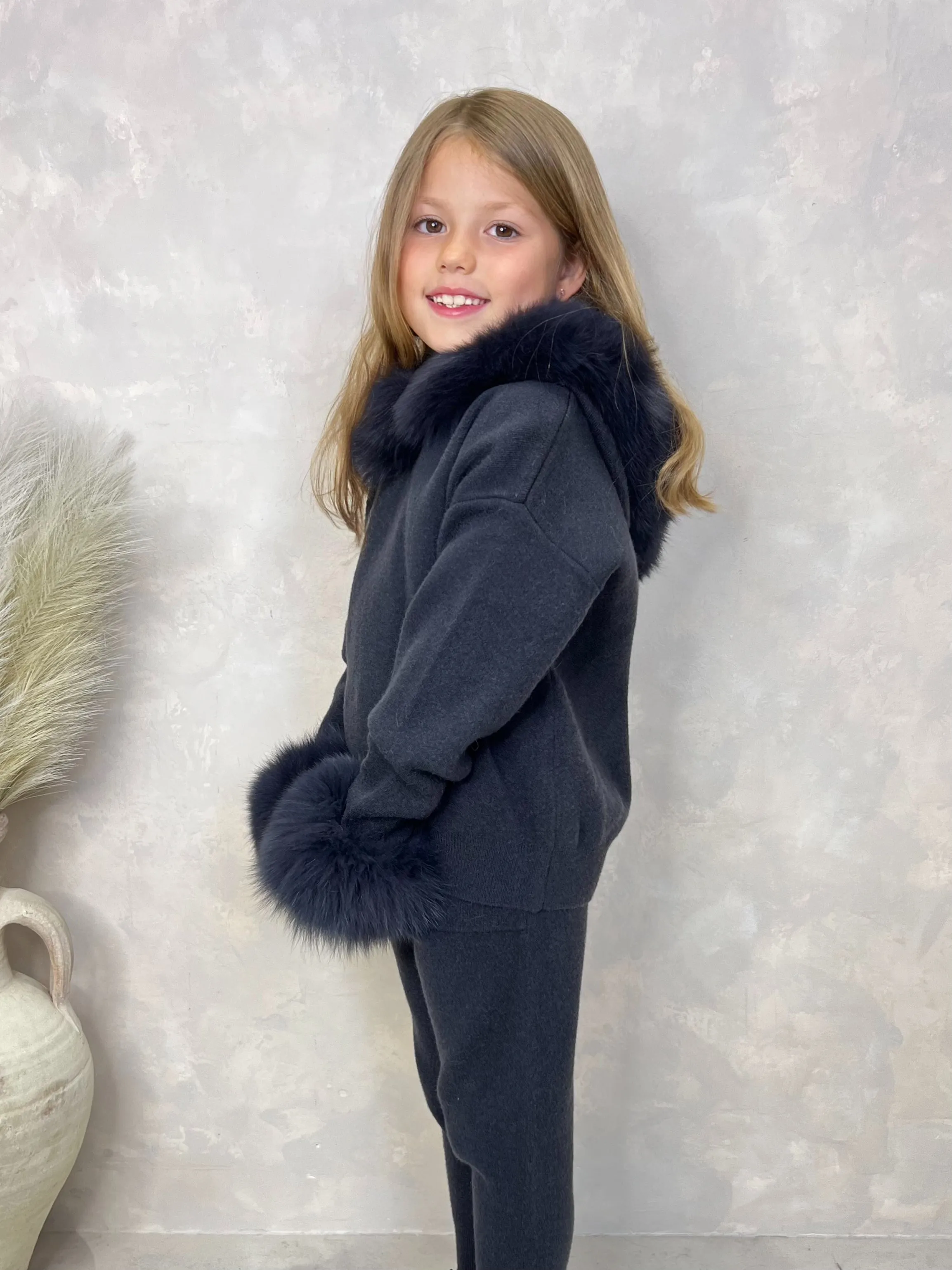 Childrens Charcoal Luxury Fur Trim Hood & Cuff Tracksuit