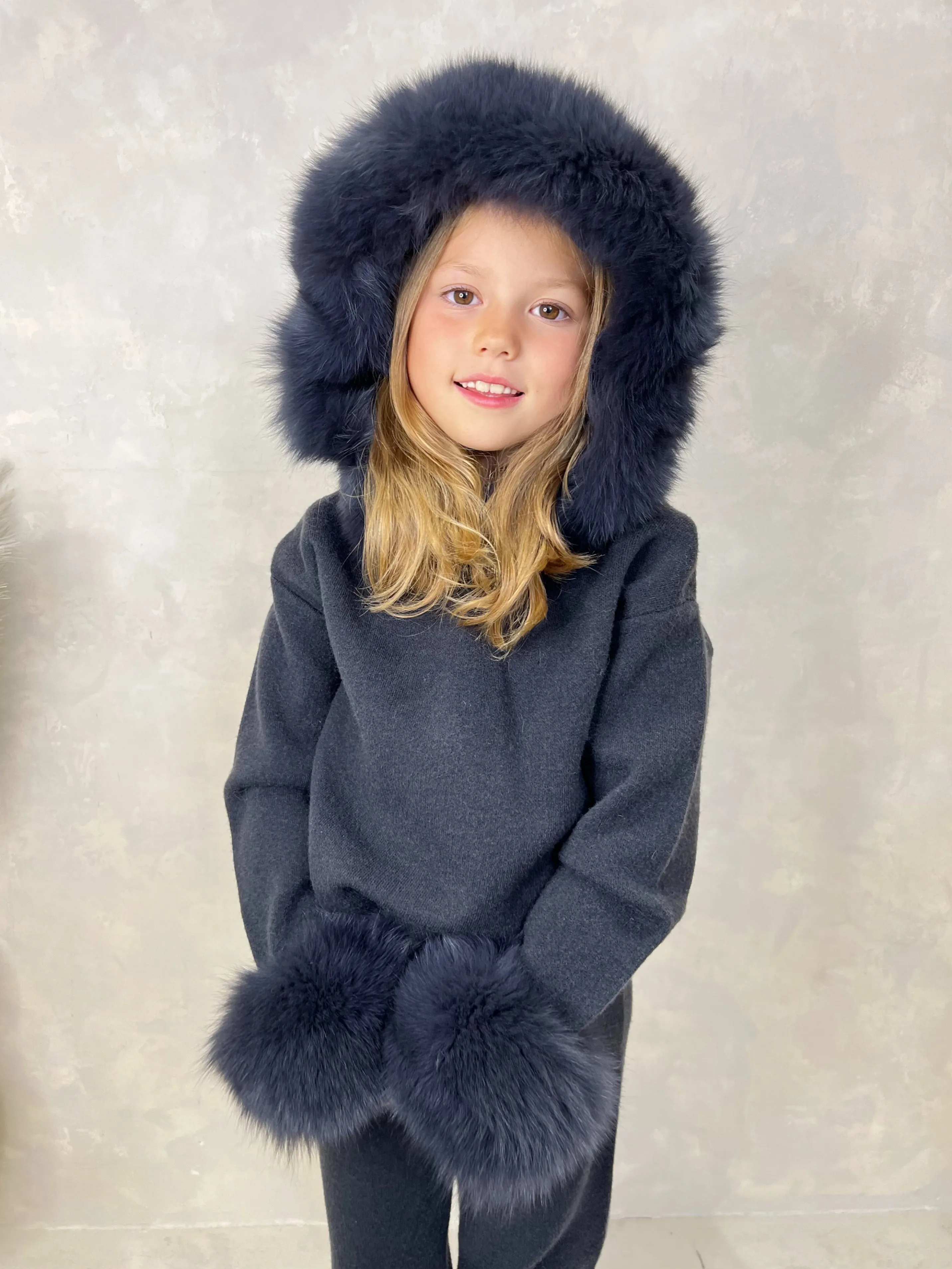 Childrens Charcoal Luxury Fur Trim Hood & Cuff Tracksuit