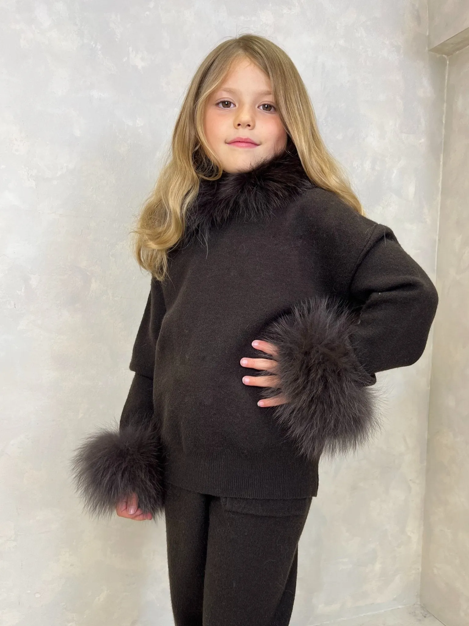 Childrens Chocolate Luxury Fur Trim Hood & Cuff Tracksuit