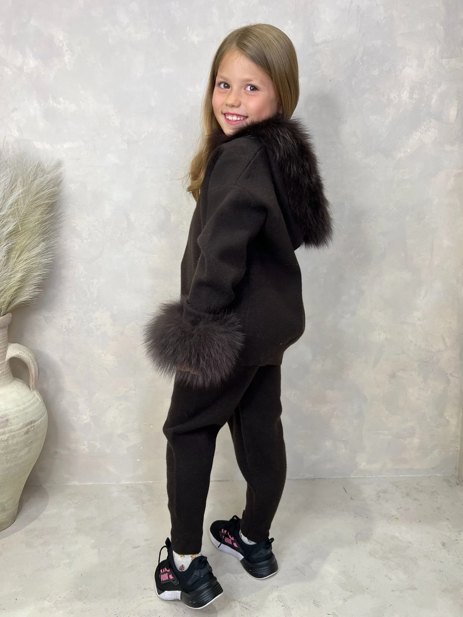 Childrens Chocolate Luxury Fur Trim Hood & Cuff Tracksuit