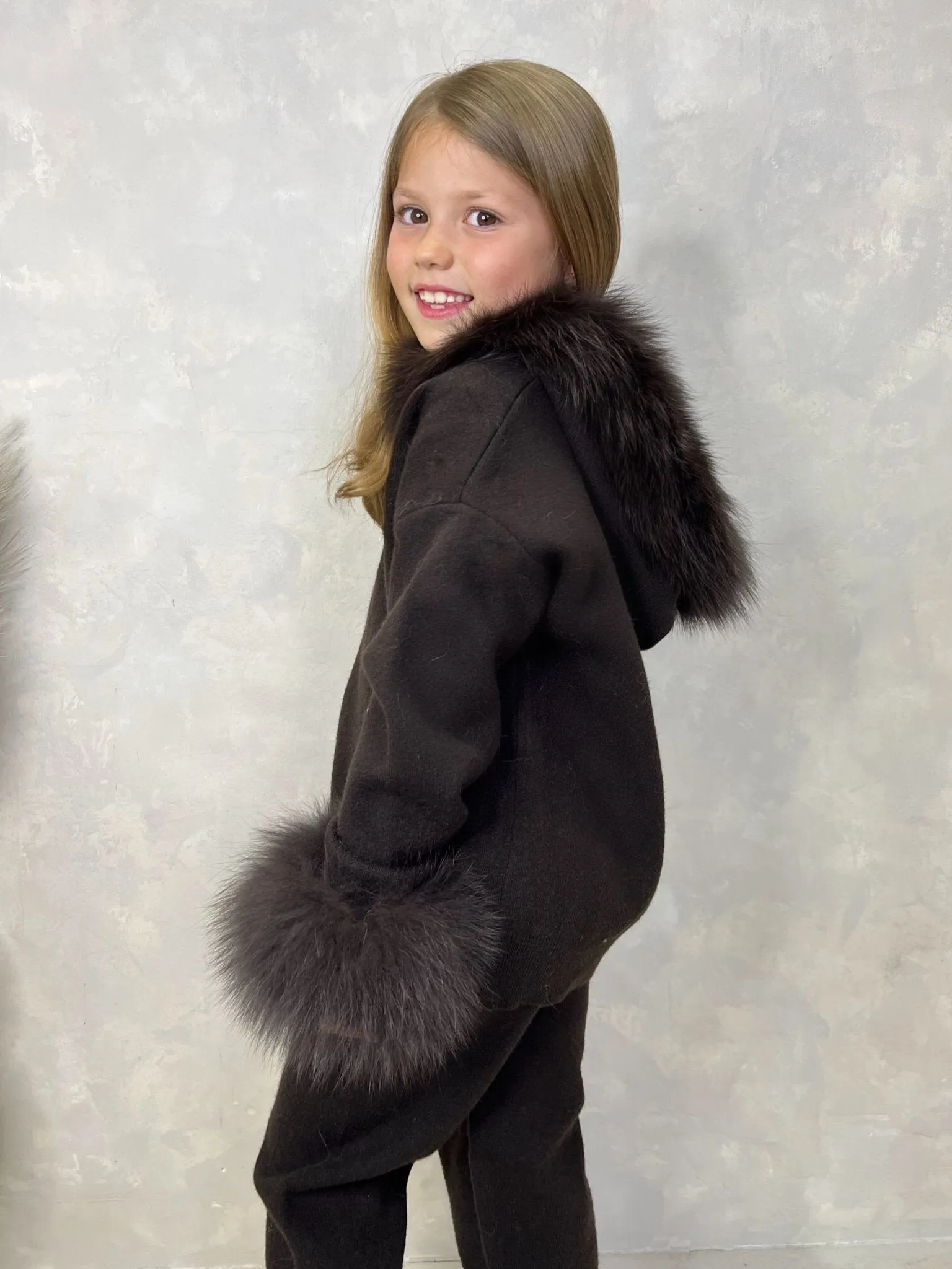 Childrens Chocolate Luxury Fur Trim Hood & Cuff Tracksuit