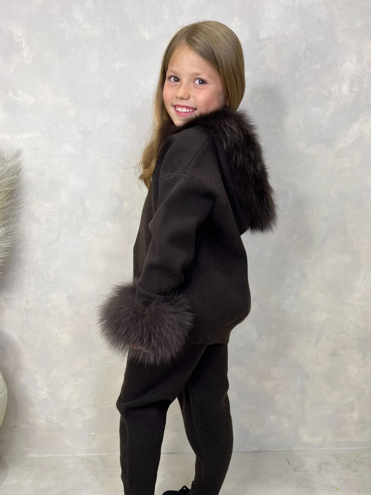 Childrens Chocolate Luxury Fur Trim Hood & Cuff Tracksuit