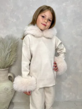 Childrens Light Beige Luxury Fur Trim Hood & Cuff Tracksuit