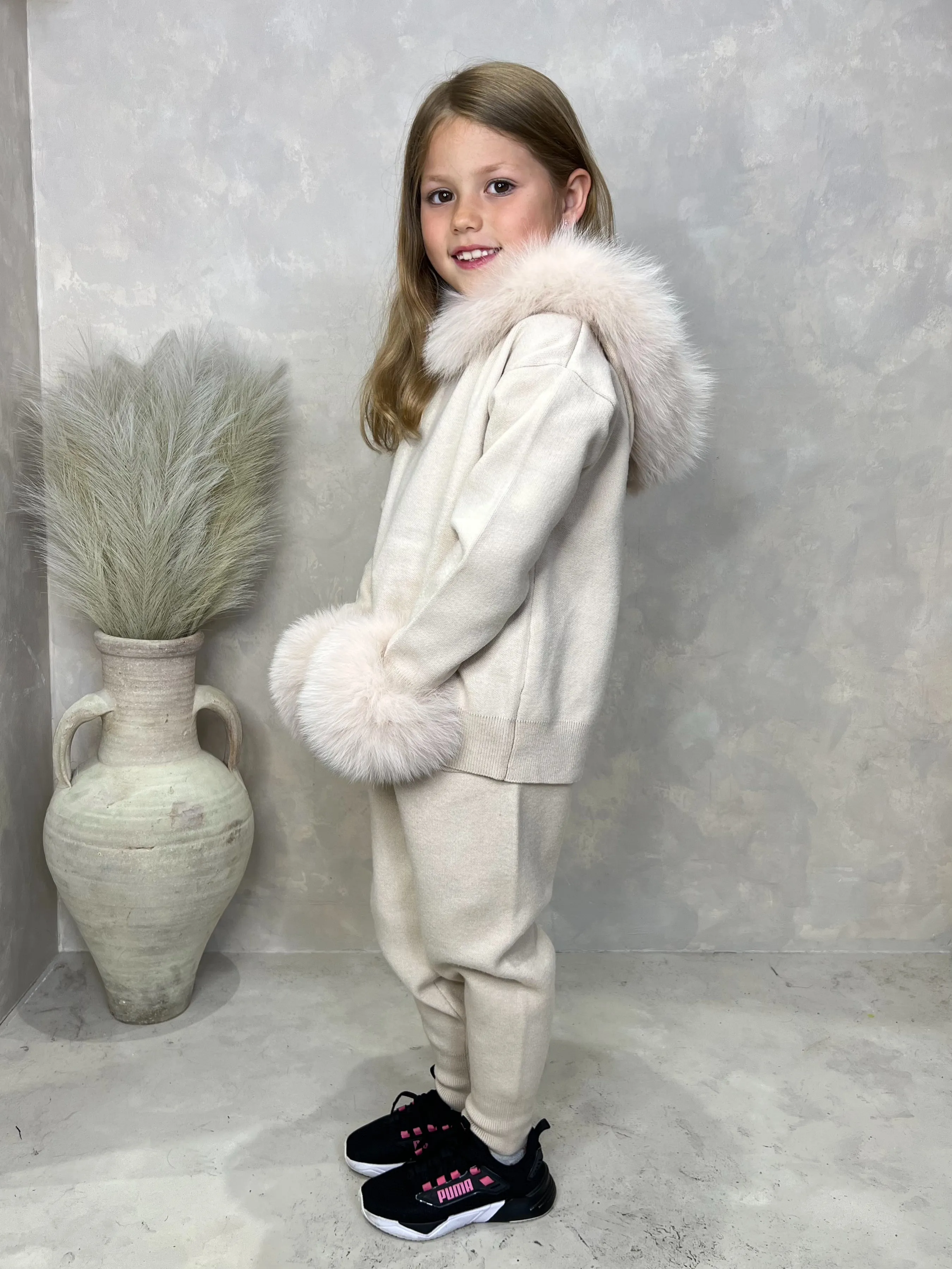 Childrens Light Beige Luxury Fur Trim Hood & Cuff Tracksuit