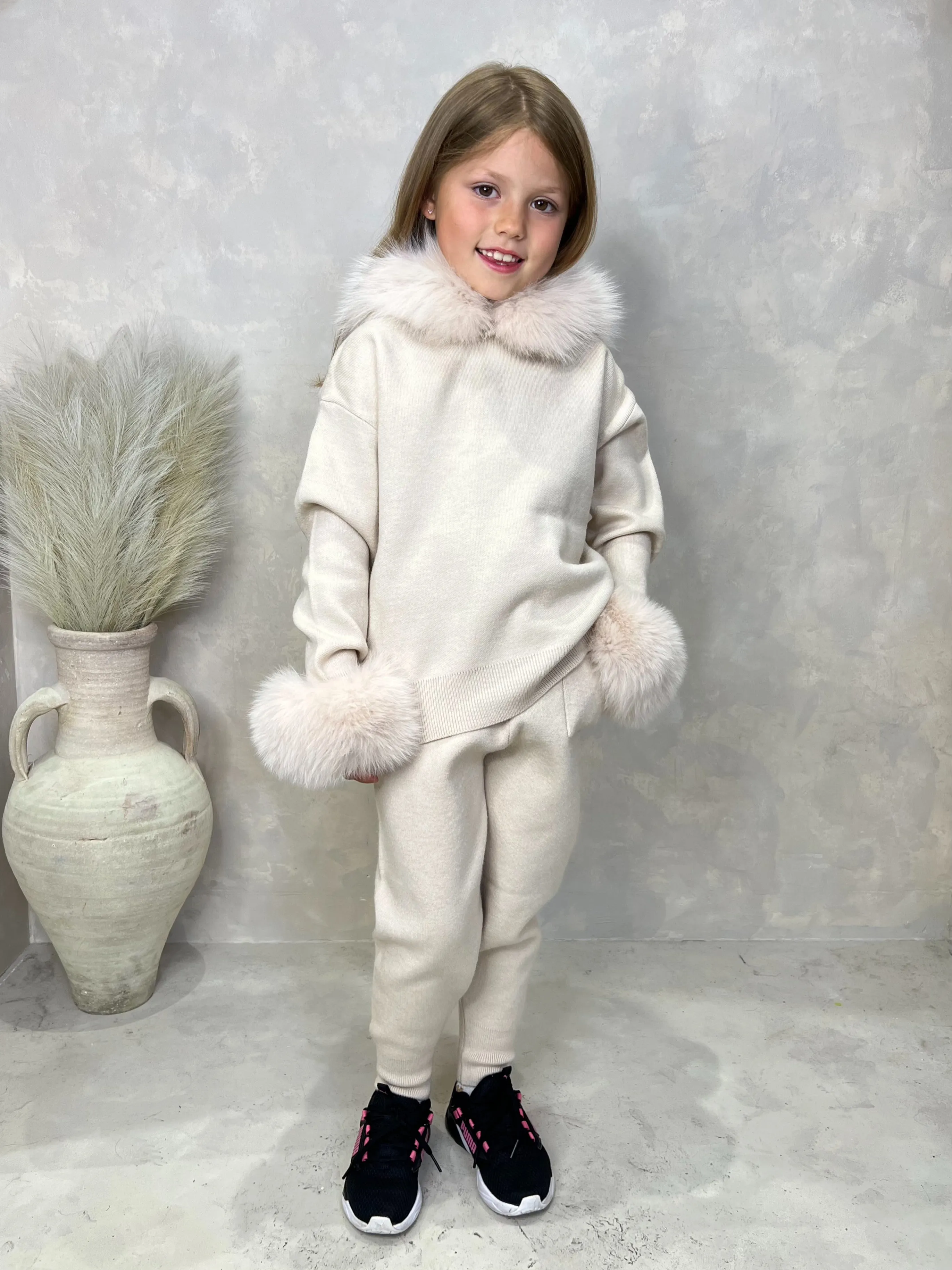 Childrens Light Beige Luxury Fur Trim Hood & Cuff Tracksuit