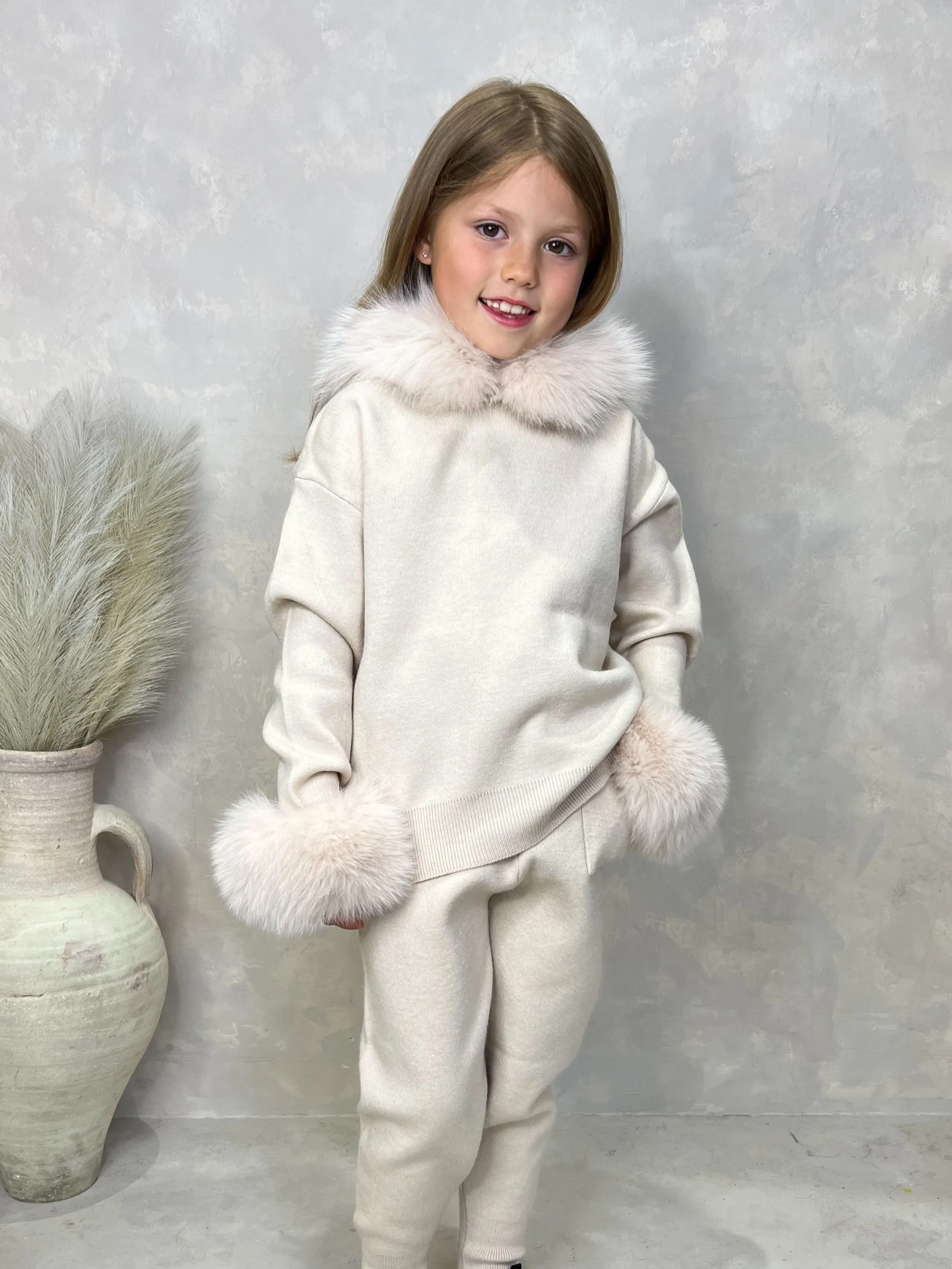 Childrens Light Beige Luxury Fur Trim Hood & Cuff Tracksuit