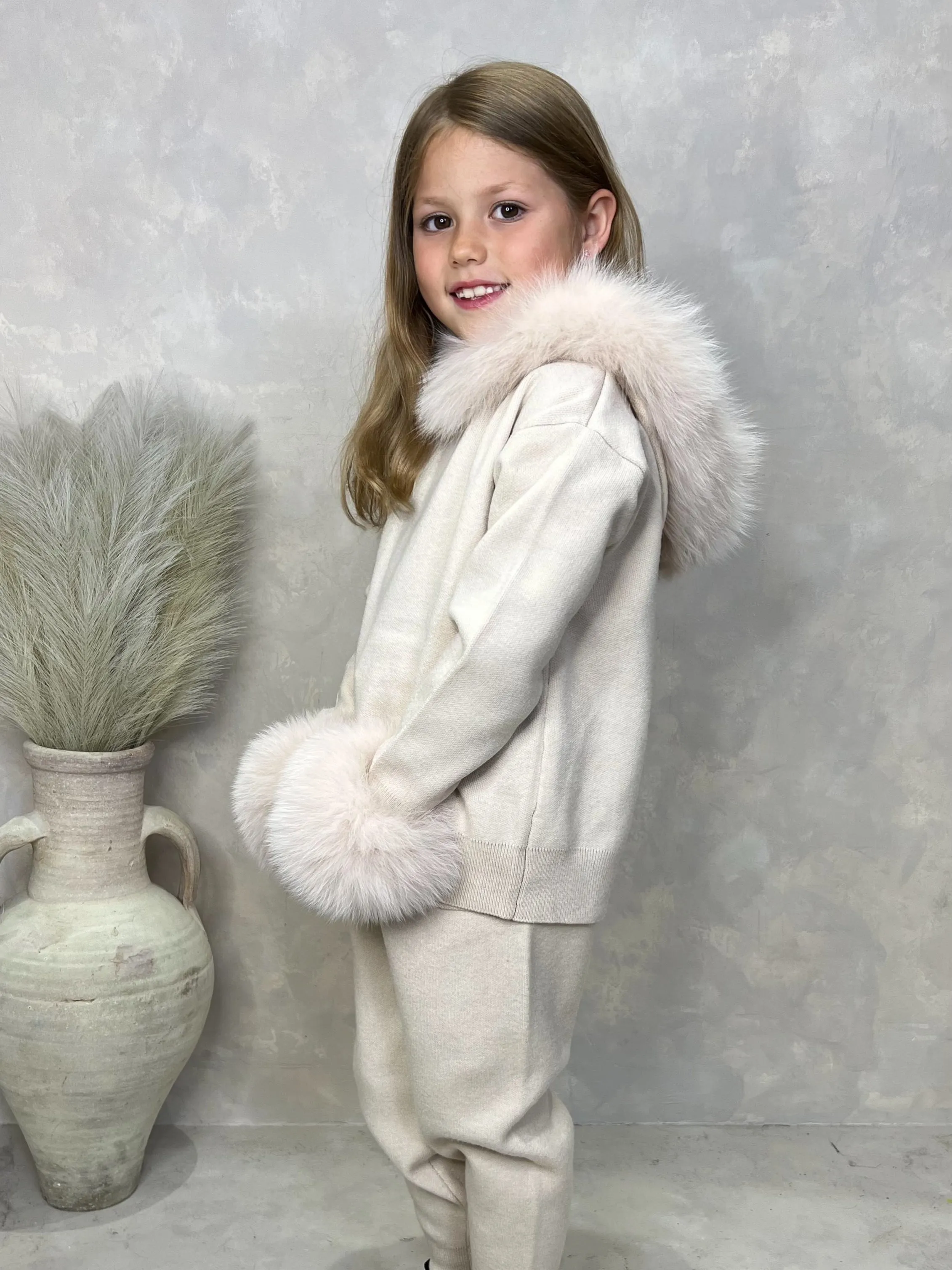 Childrens Light Beige Luxury Fur Trim Hood & Cuff Tracksuit