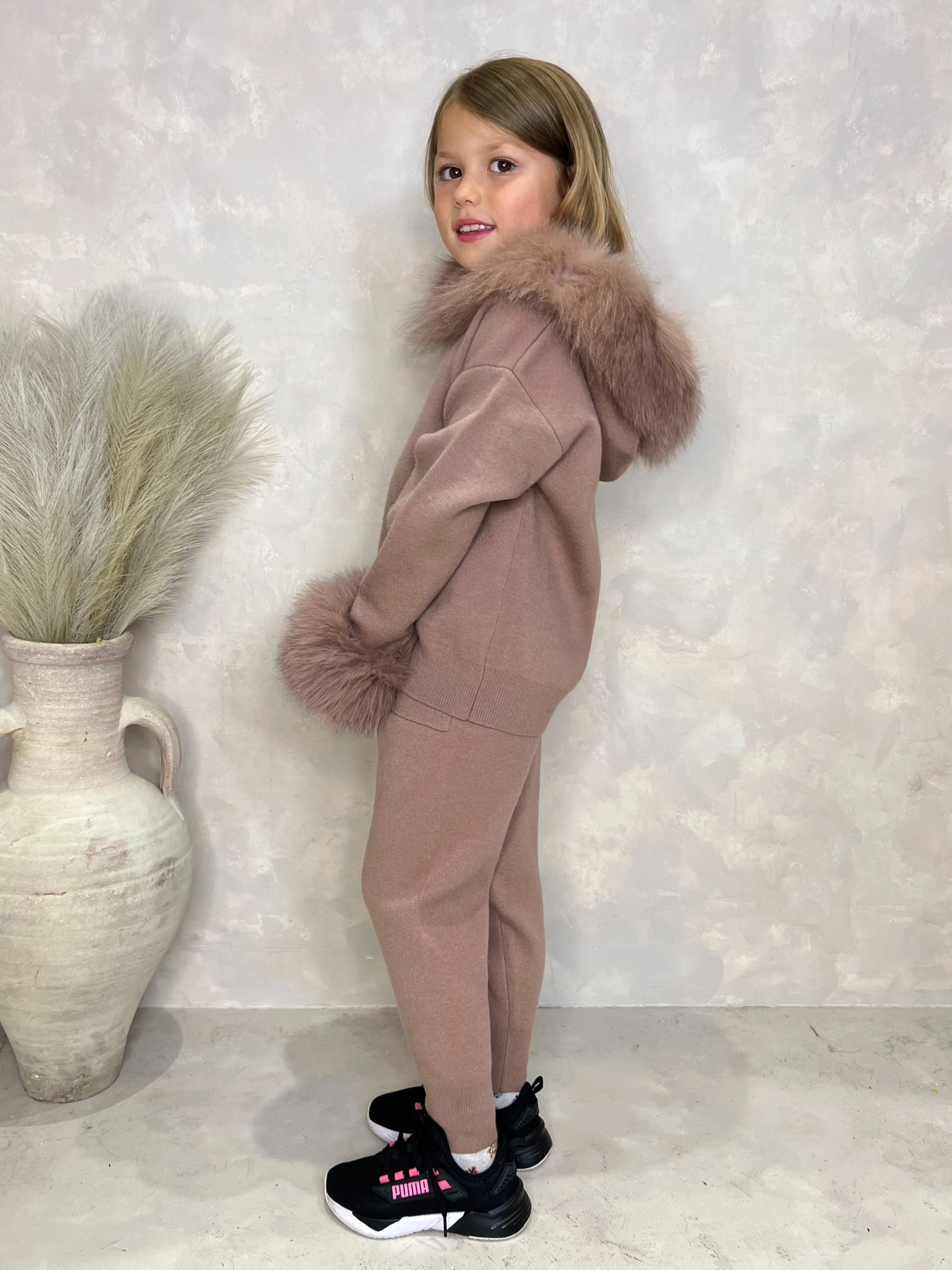 Childrens Taupe Luxury Fur Trim Hood & Cuff Tracksuit