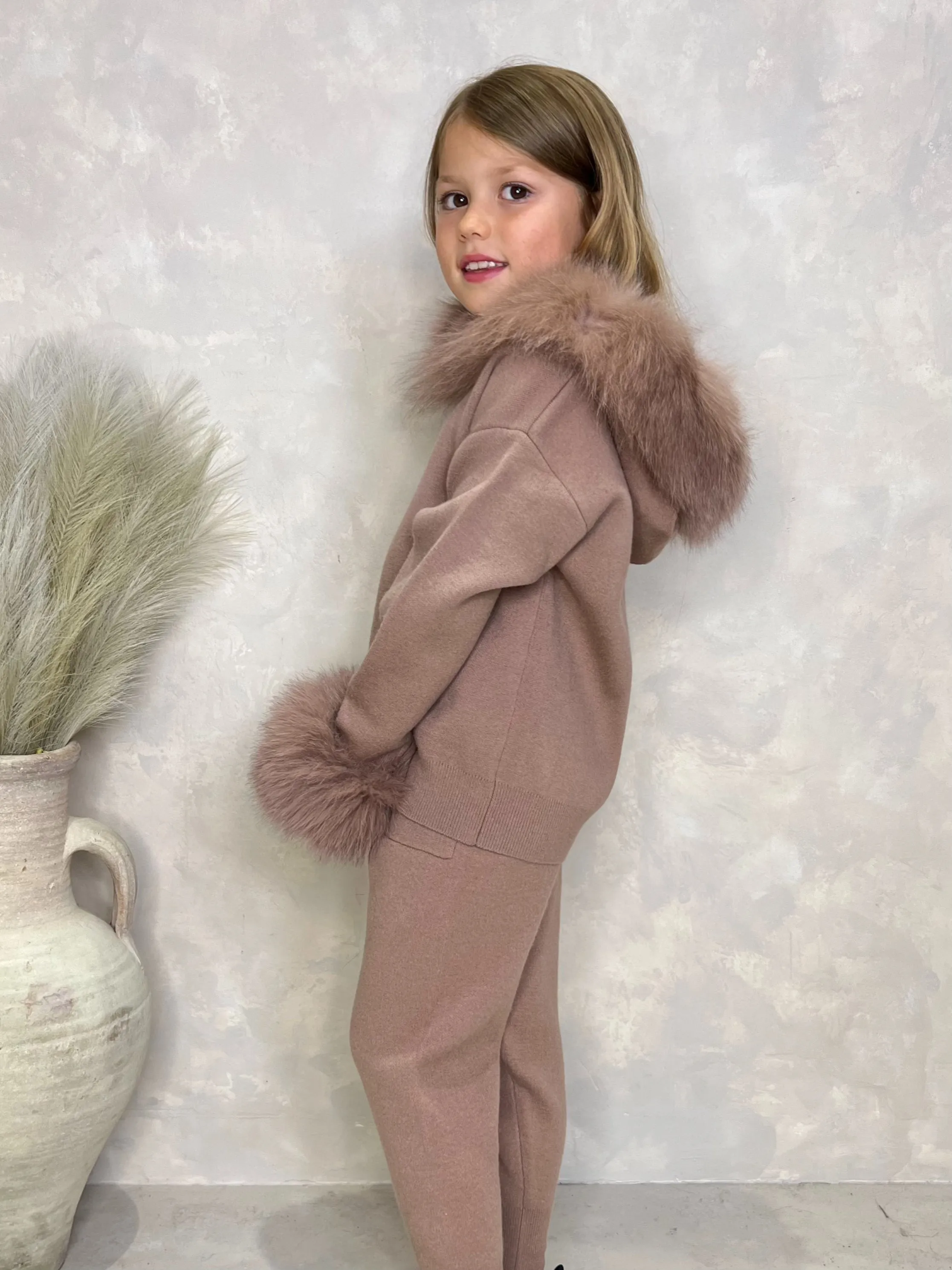 Childrens Taupe Luxury Fur Trim Hood & Cuff Tracksuit