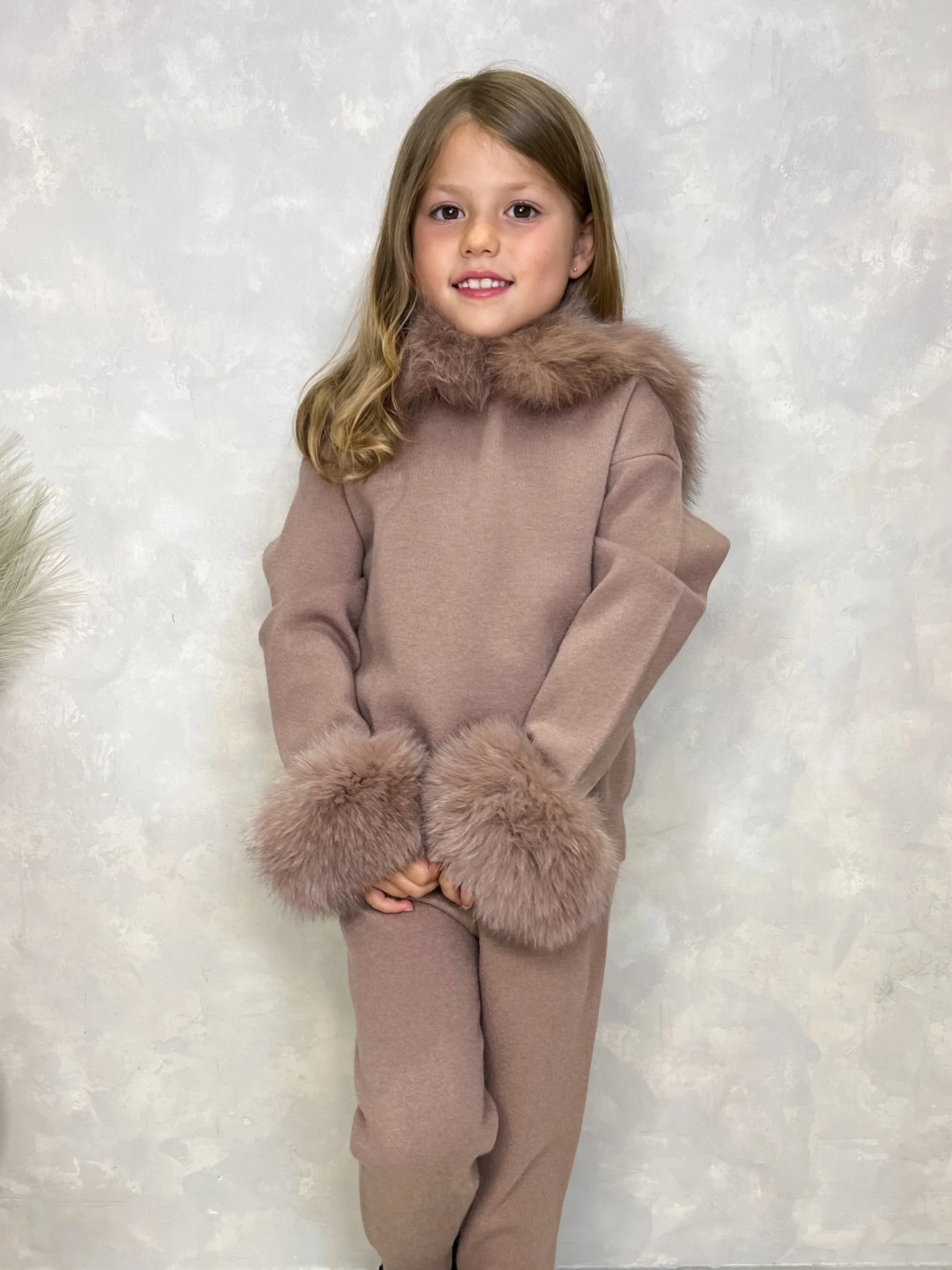 Childrens Taupe Luxury Fur Trim Hood & Cuff Tracksuit