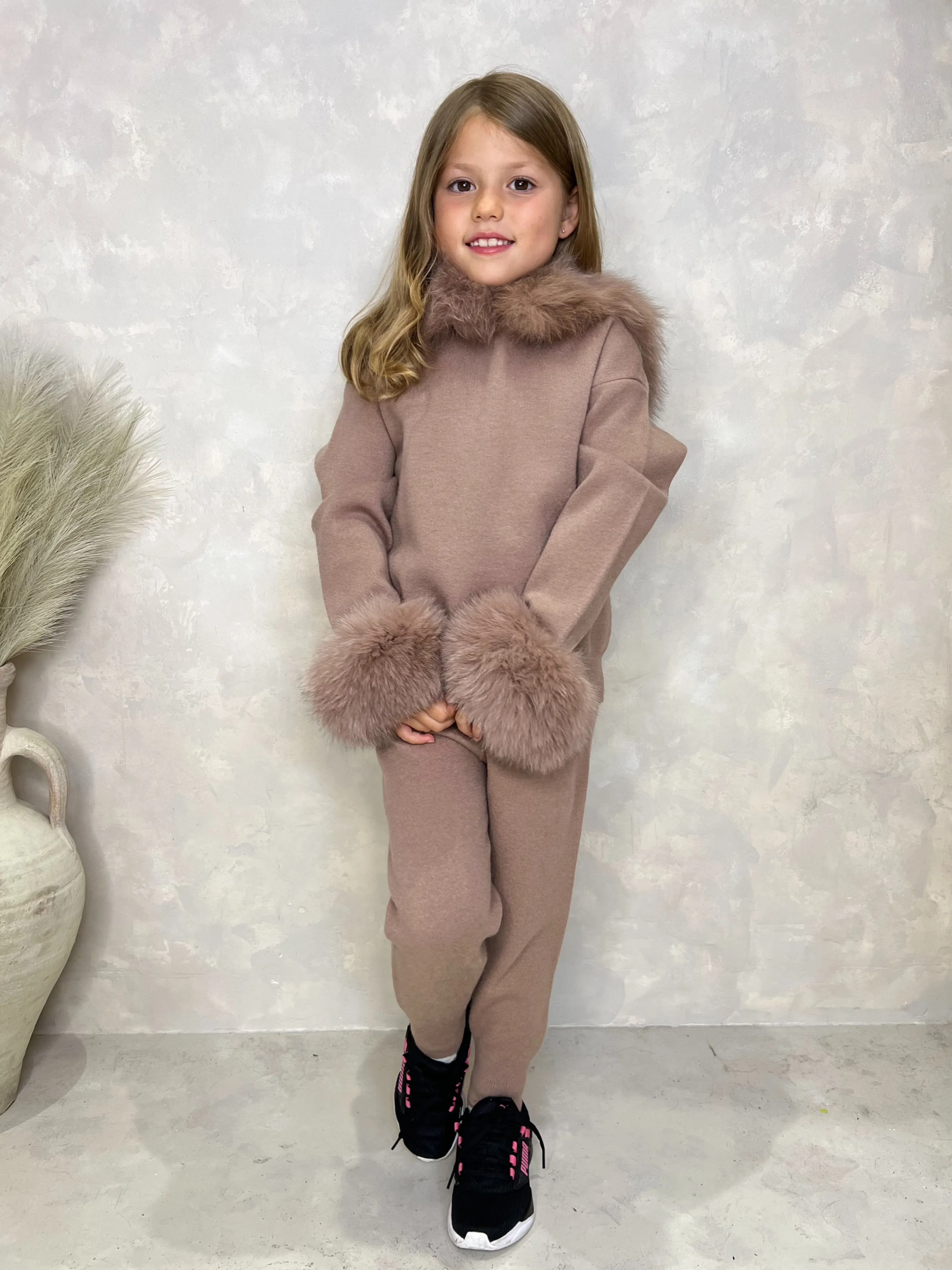 Childrens Taupe Luxury Fur Trim Hood & Cuff Tracksuit