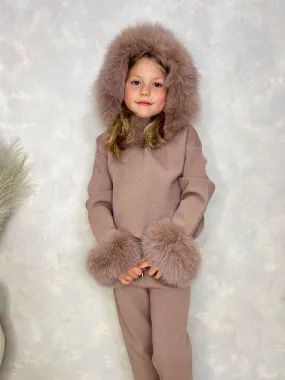 Childrens Taupe Luxury Fur Trim Hood & Cuff Tracksuit