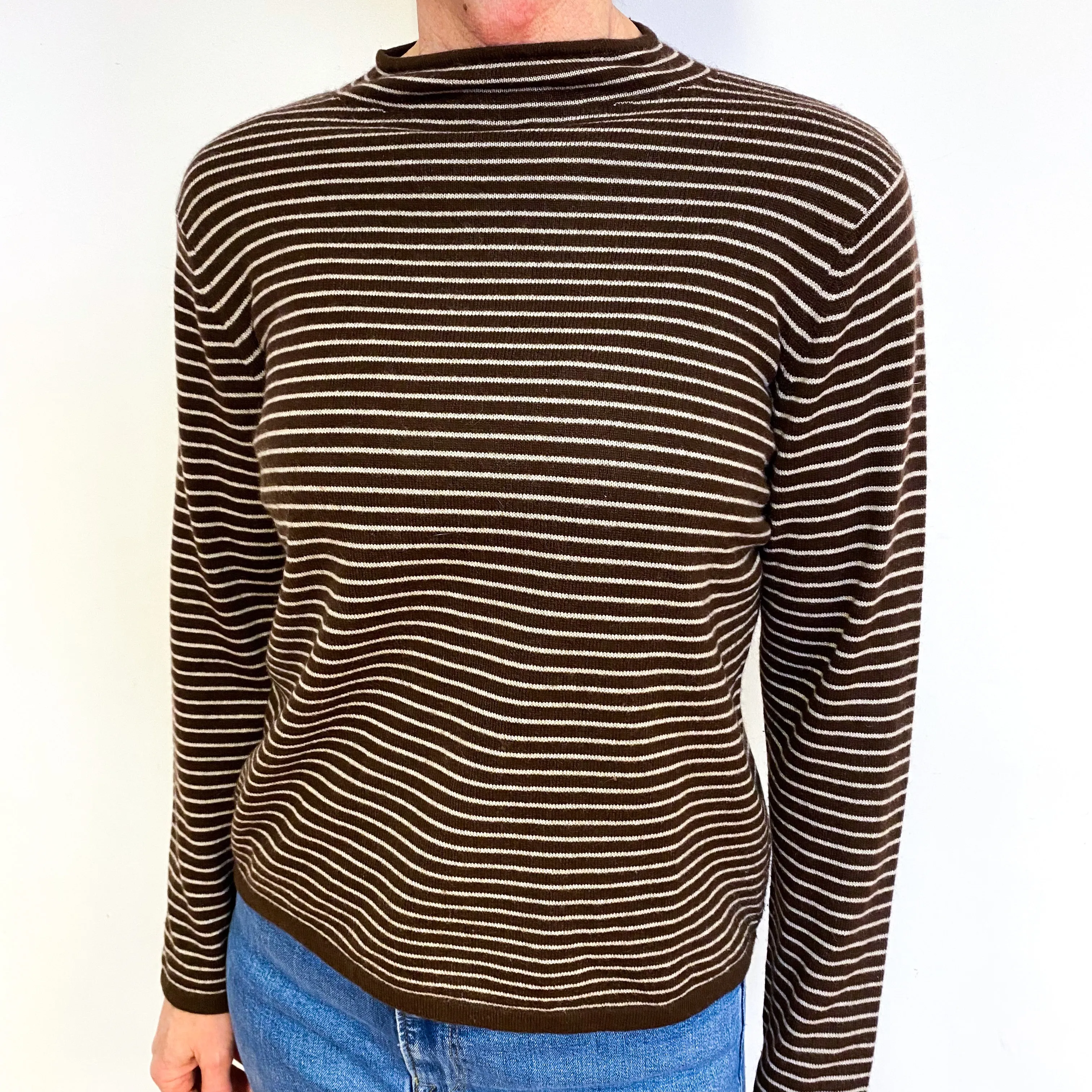 Chocolate Brown Striped Cashmere Turtle Neck Jumper Medium