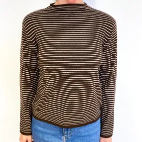 Chocolate Brown Striped Cashmere Turtle Neck Jumper Medium