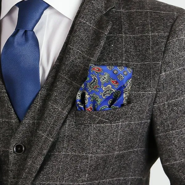 Classy Men Blue Multi-Pattern Paisley Pocket Square