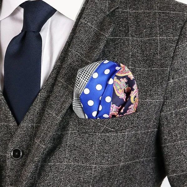 Classy Men Bright Blue Multi-Pattern Pocket Square