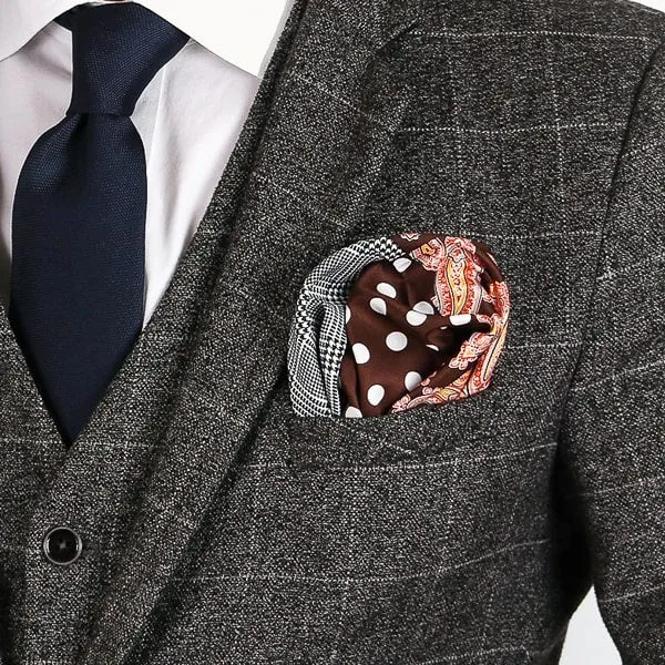 Classy Men Brown Multi-Pattern Dotted Pocket Square