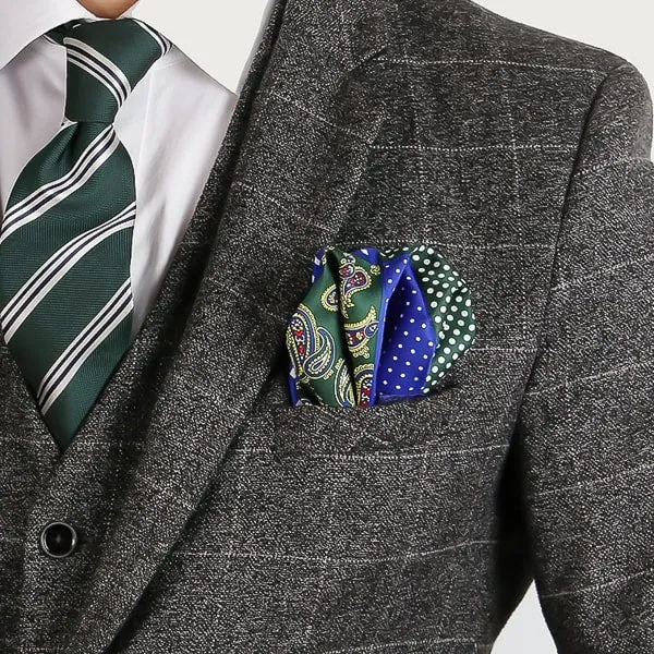 Classy Men Green Blue Multi-Pattern Pocket Square