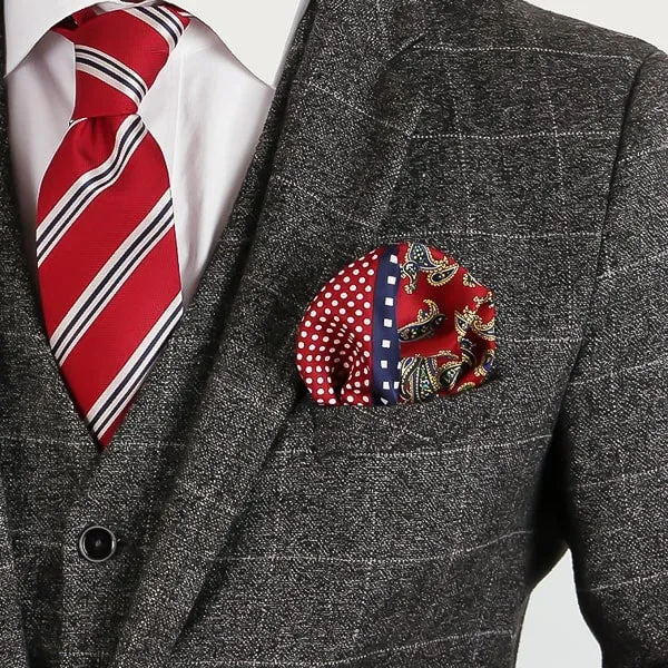 Classy Men Red Navy Blue Multi-Pattern Pocket Square