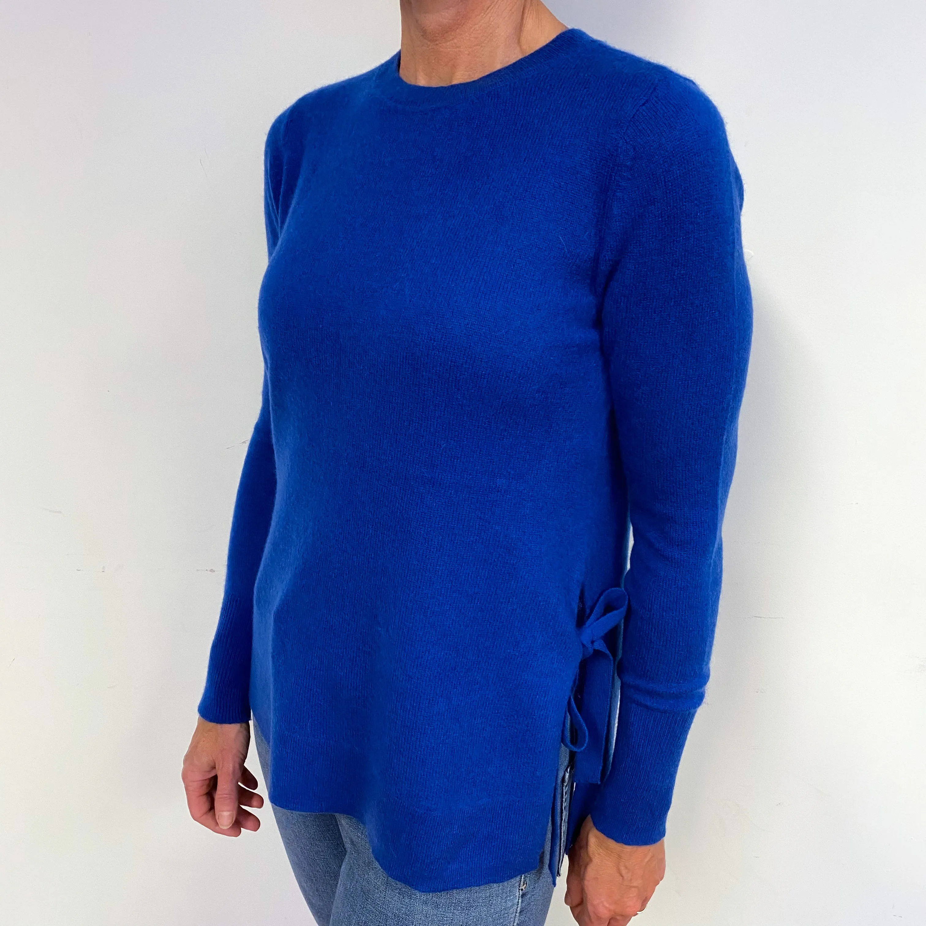 Cobalt Blue Side Tie Cashmere Crew Neck Jumper Medium