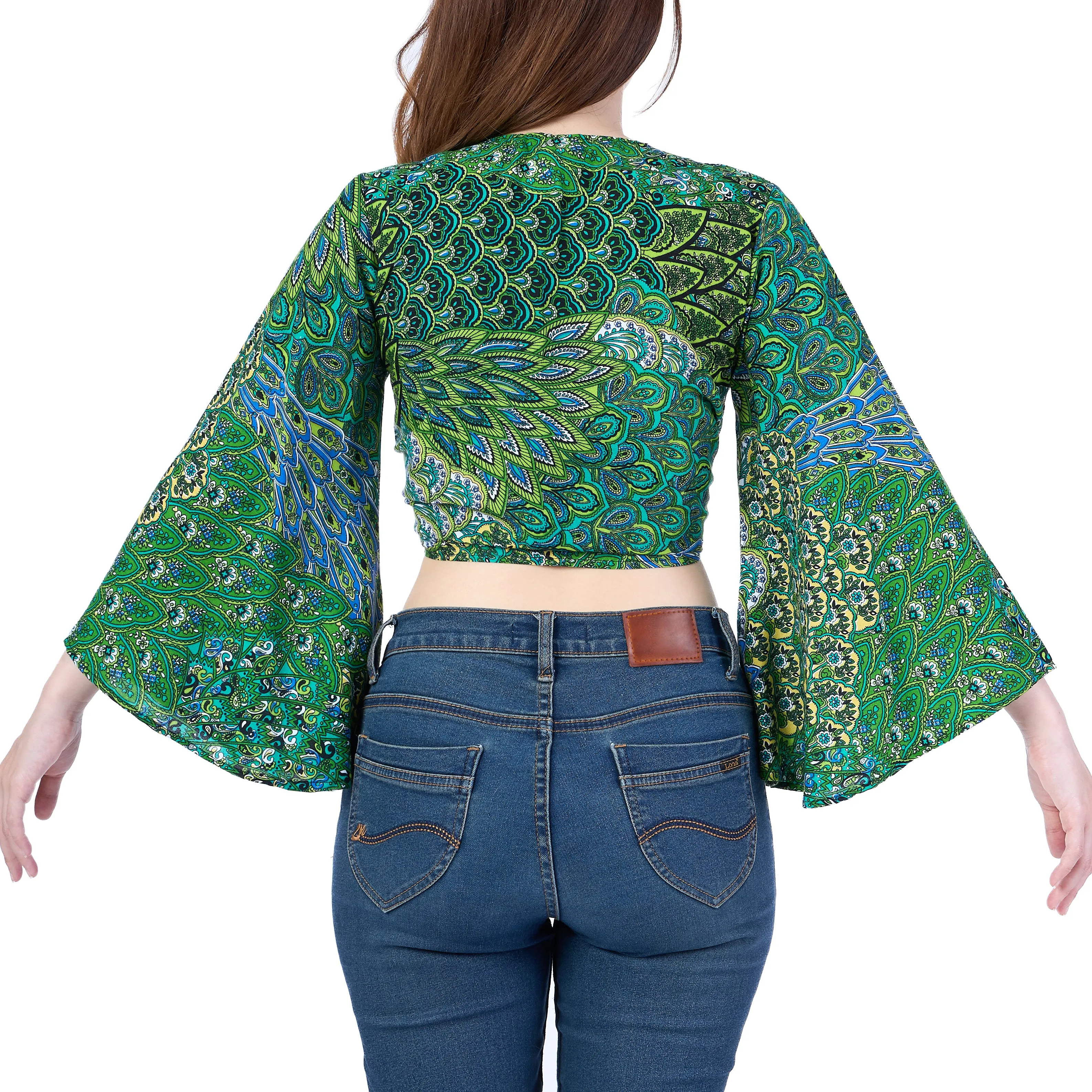 Colorful Peacock Women Boho Wrap Top - Casual Shirt - Green