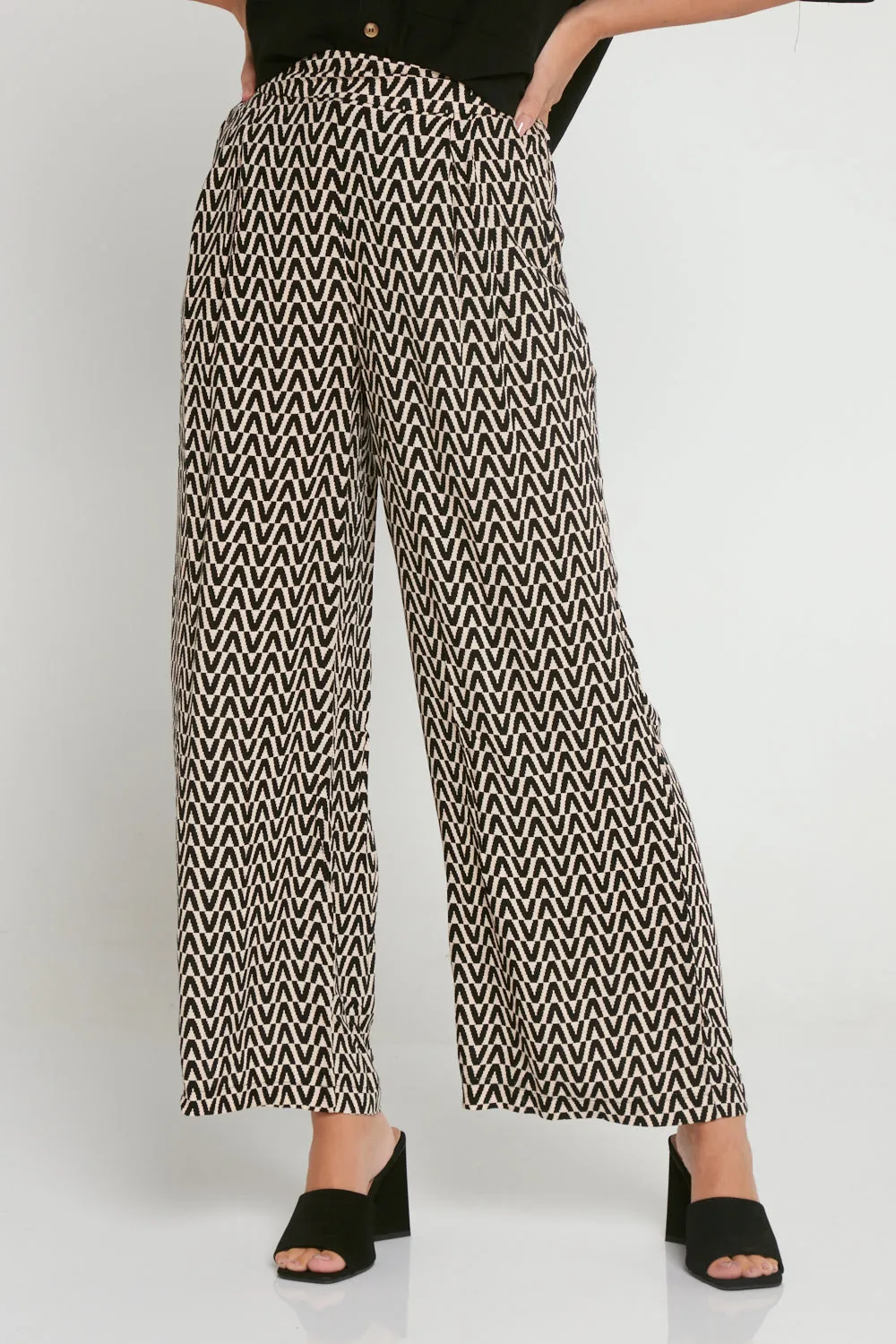 Daria Wide Leg Pants - Black/Beige Chevron