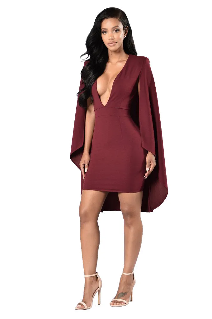 Deep V-neck Bodycon Pure Color Cap Dress