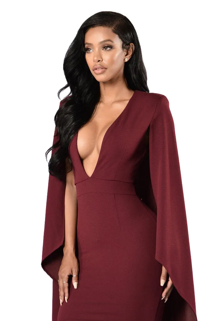 Deep V-neck Bodycon Pure Color Cap Dress