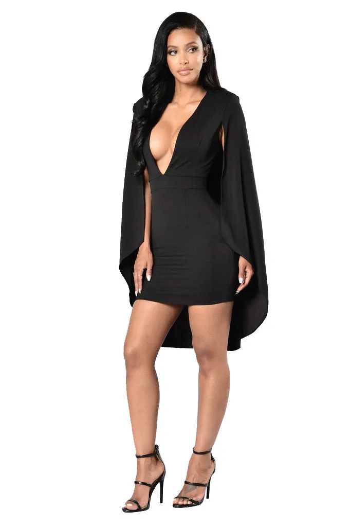 Deep V-neck Bodycon Pure Color Cap Dress