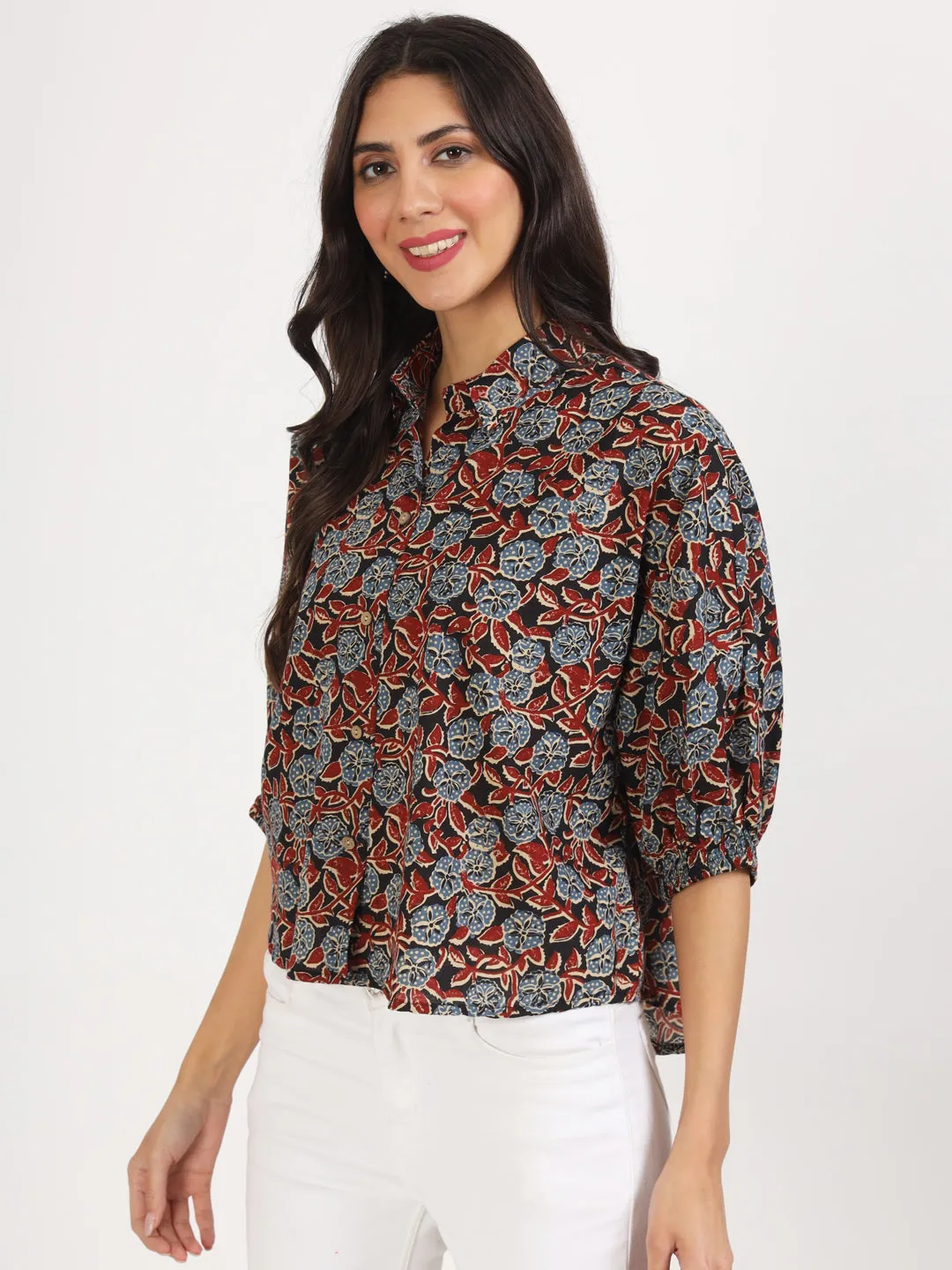 Divena Black Floral Printed Cotton Tops