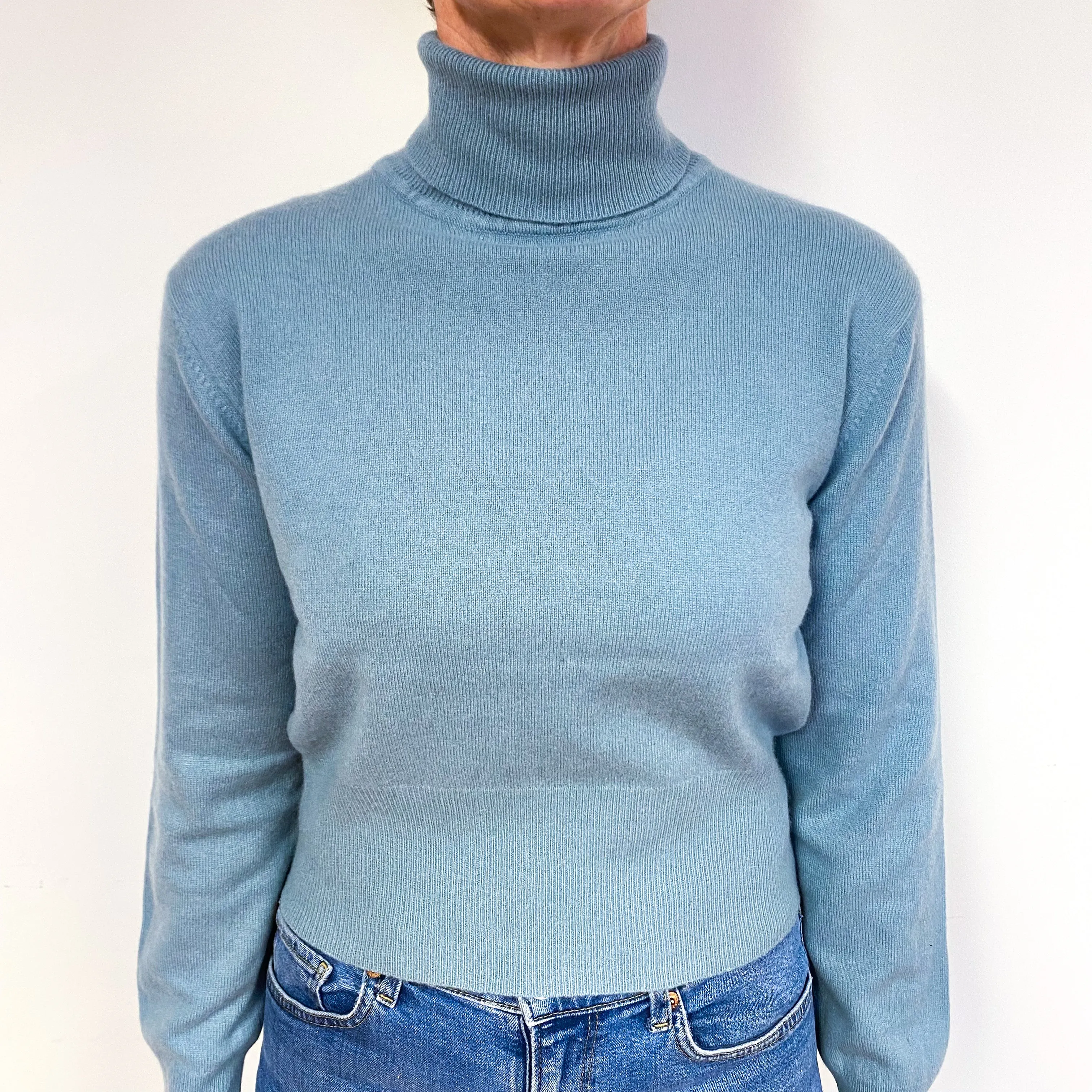 Duck Egg Blue Cashmere Polo Neck Jumper Medium