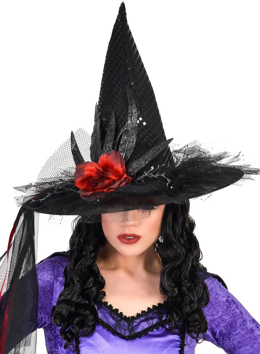 Elaborate Deluxe Black Sequinned Witch Hat with Feathers