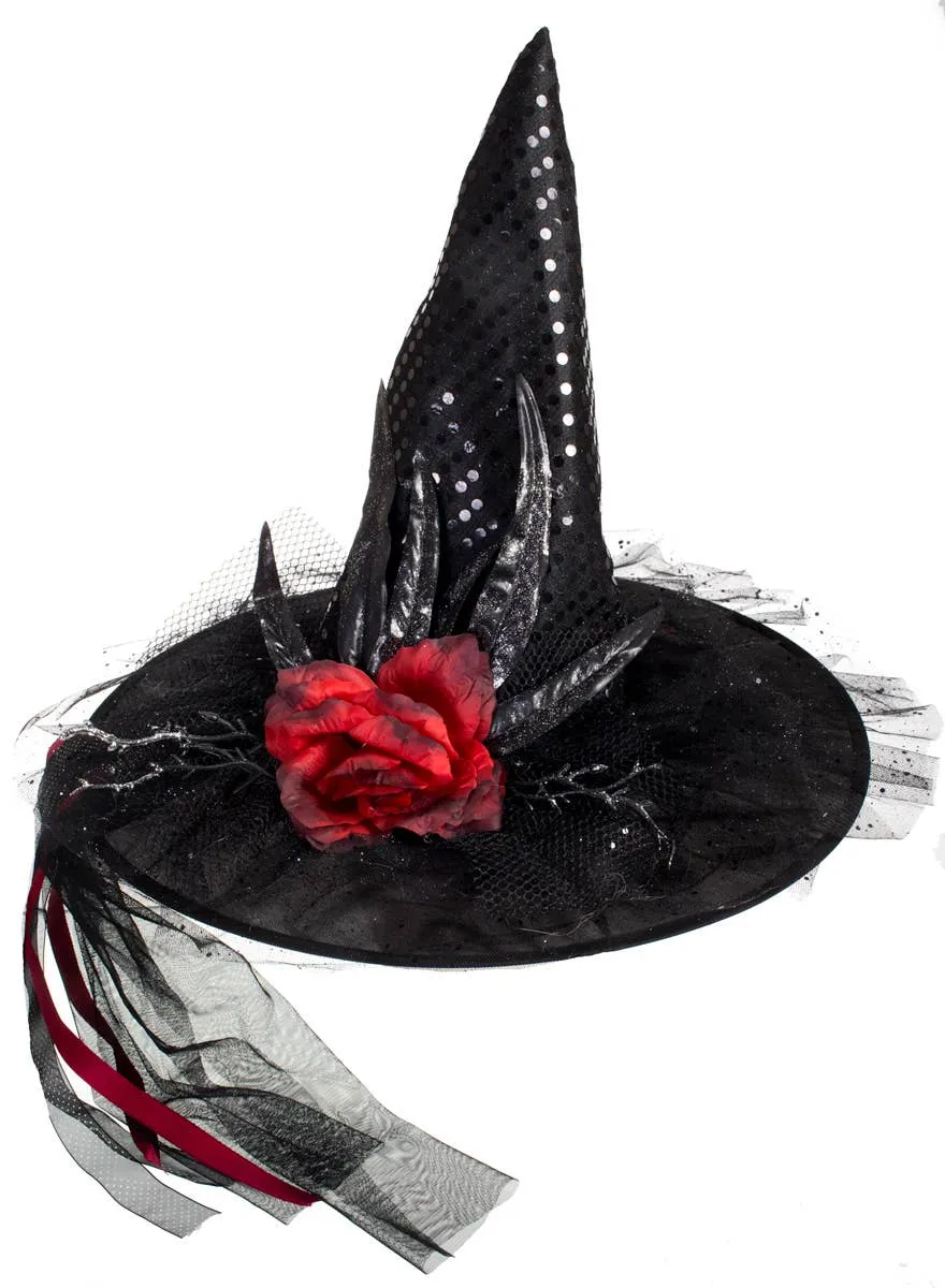 Elaborate Deluxe Black Sequinned Witch Hat with Feathers